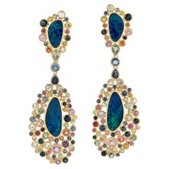 Multi Rainbow Sapphire Dangle Earrings With Opal Made In 18k yellow Gold