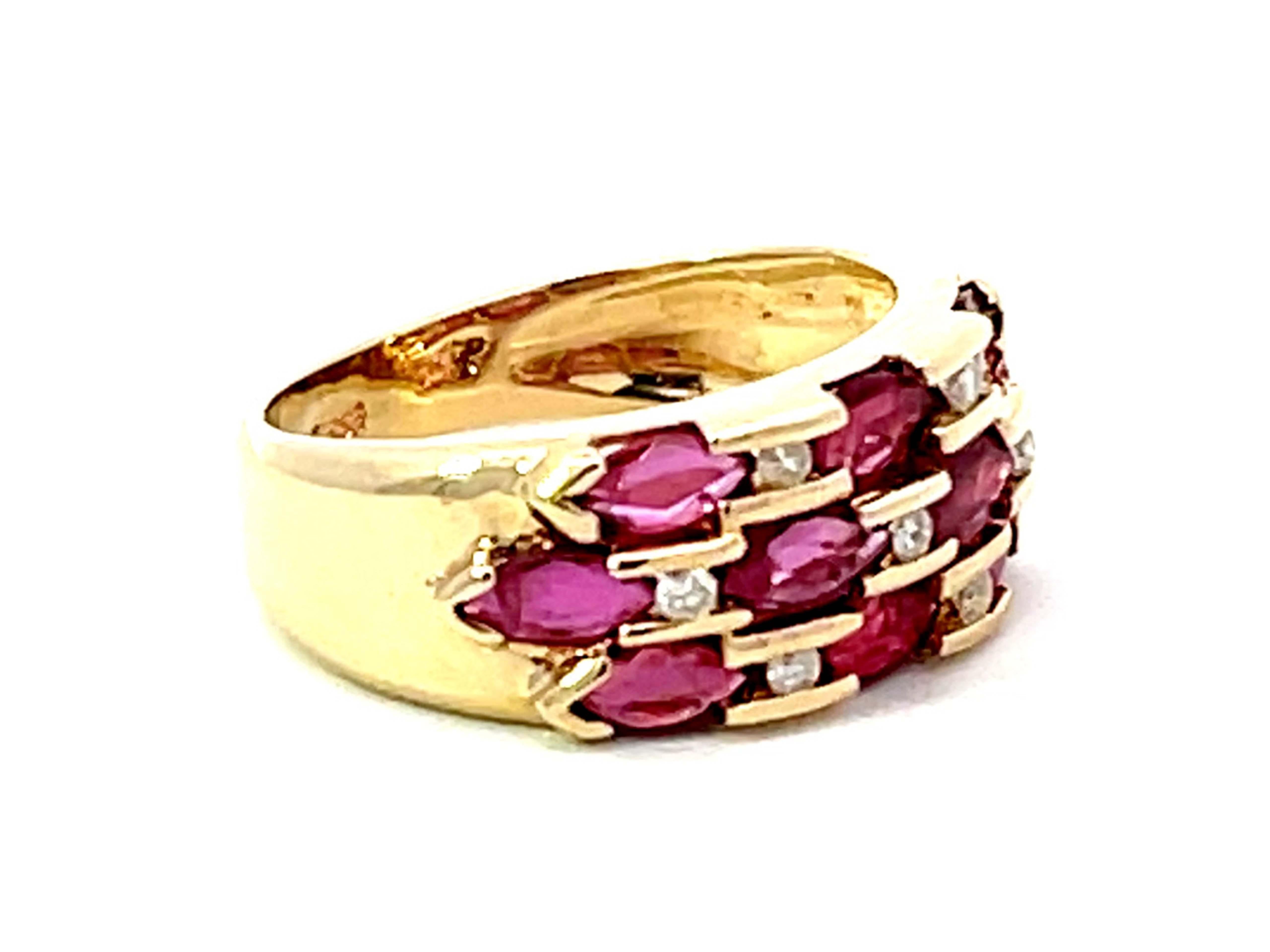 Modern Multi Red Ruby and Diamond Band Ring in 14k Yellow Gold For Sale