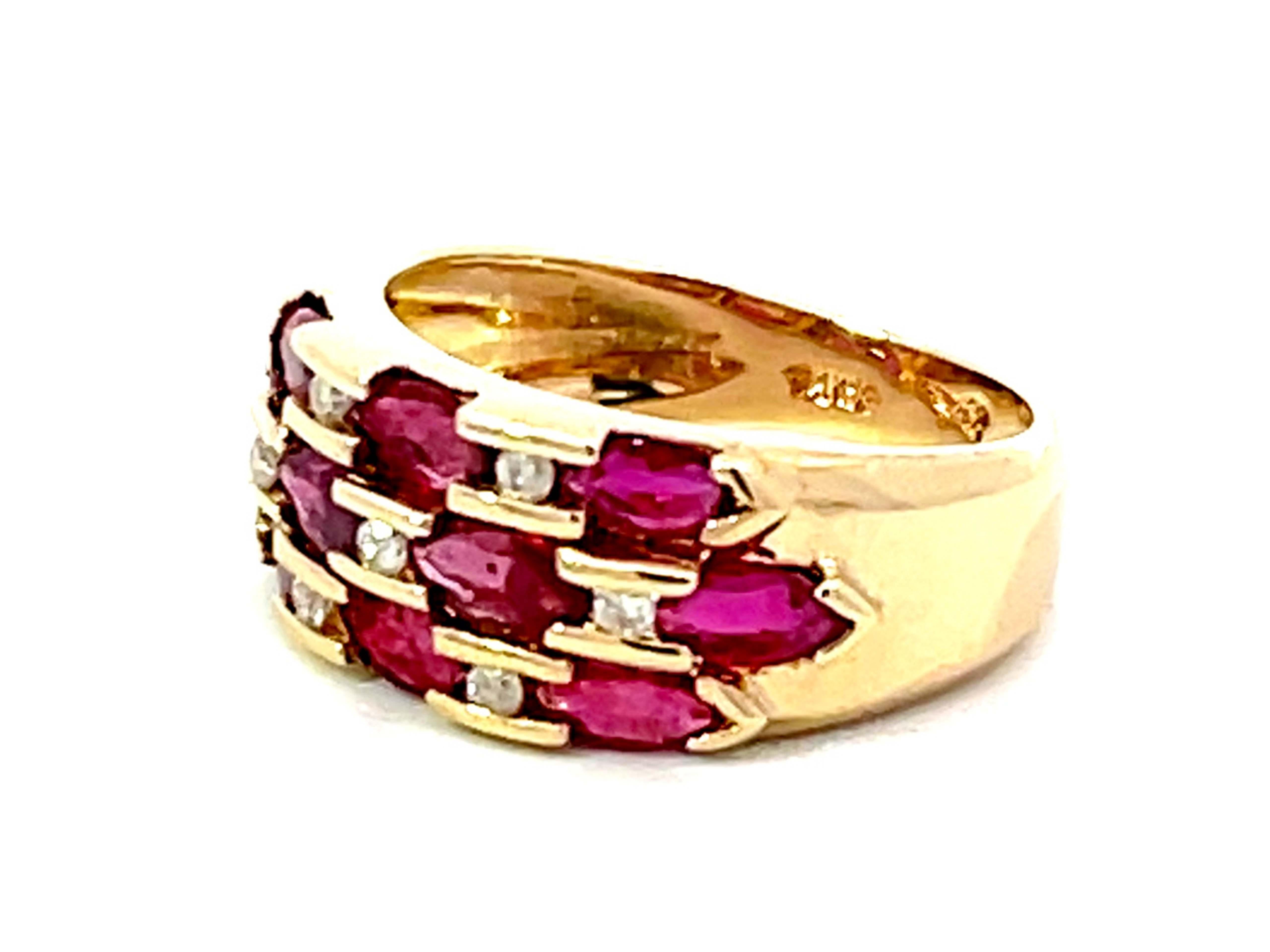 Oval Cut Multi Red Ruby and Diamond Band Ring in 14k Yellow Gold For Sale