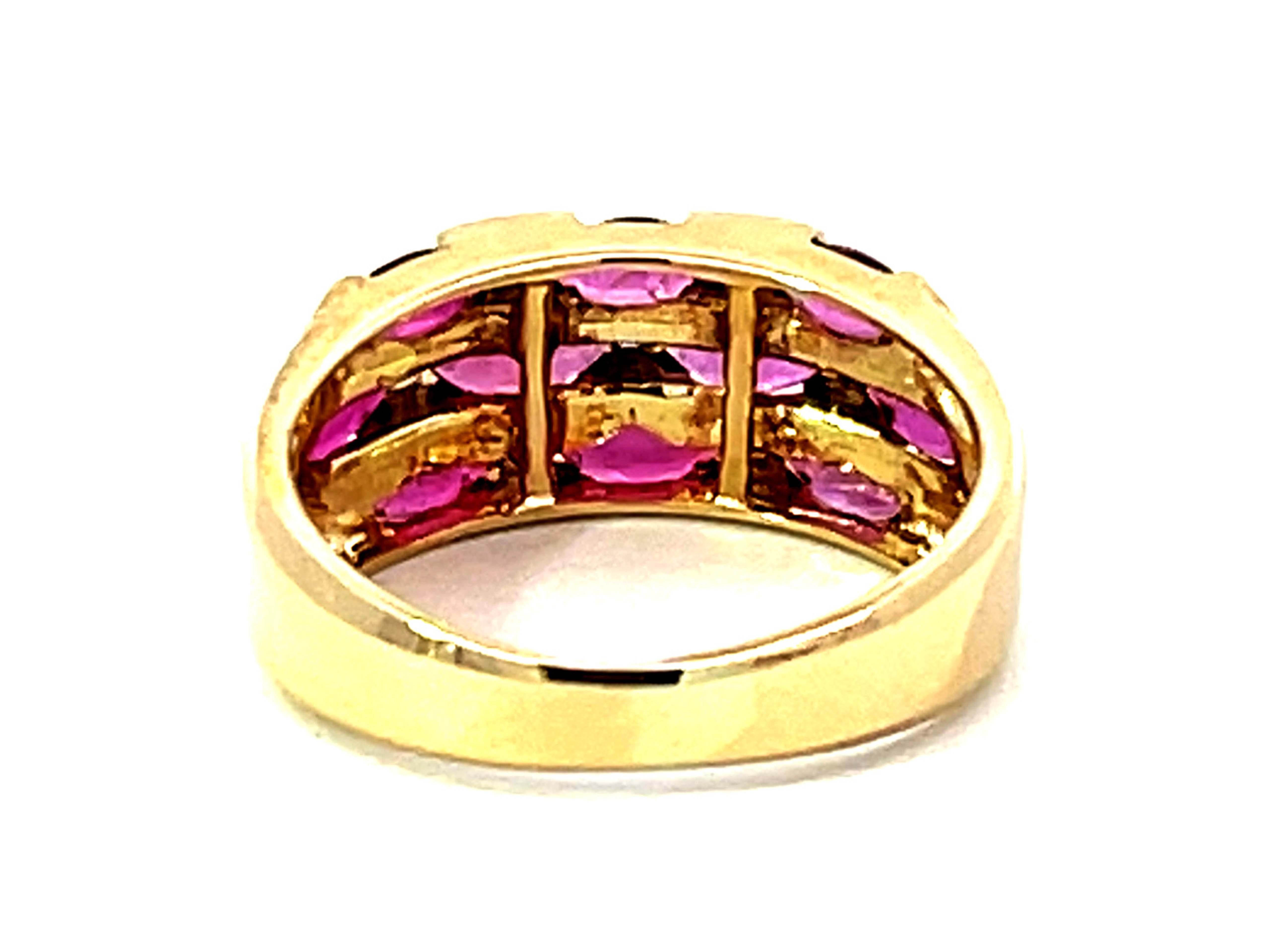 Multi Red Ruby and Diamond Band Ring in 14k Yellow Gold For Sale 1