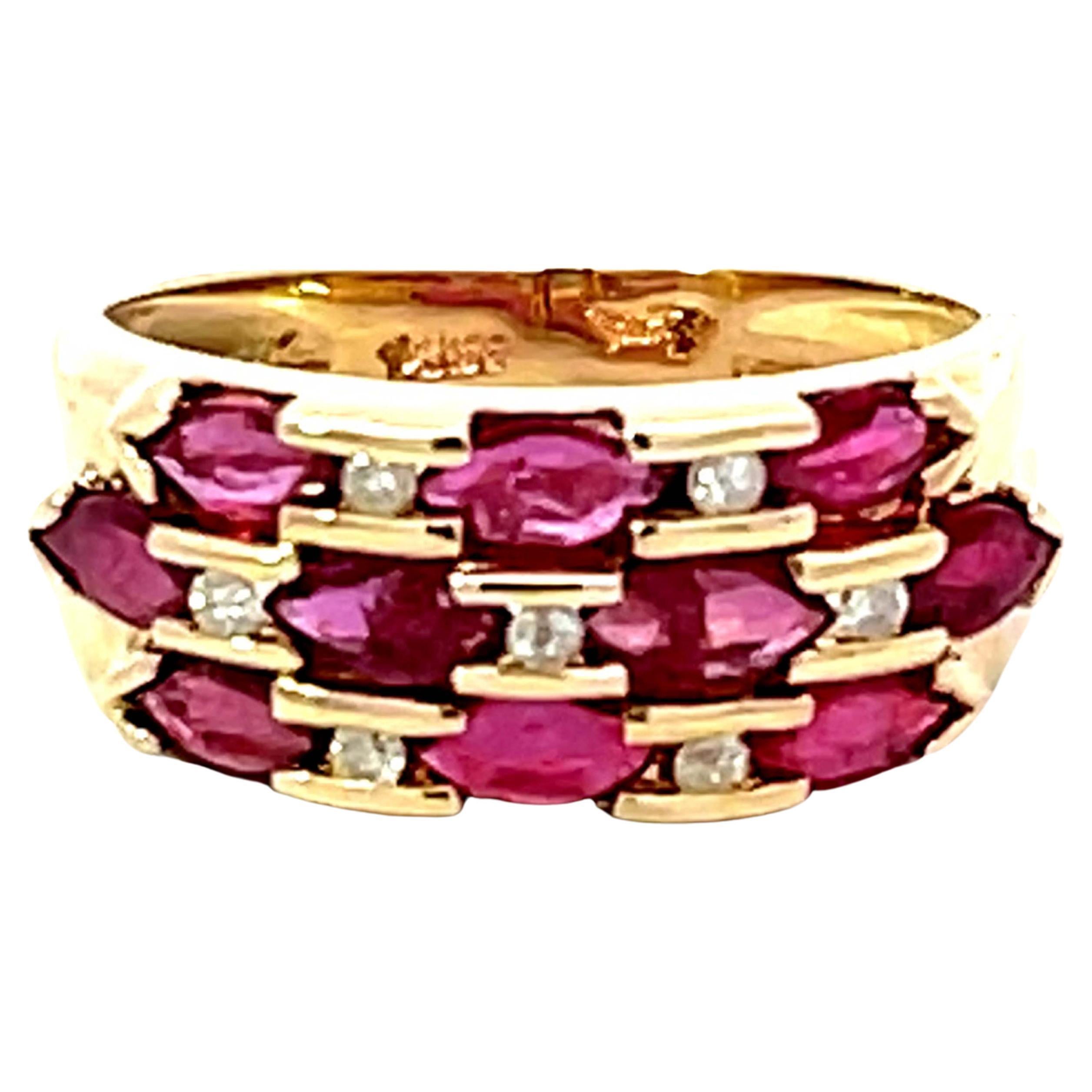 Multi Red Ruby and Diamond Band Ring in 14k Yellow Gold