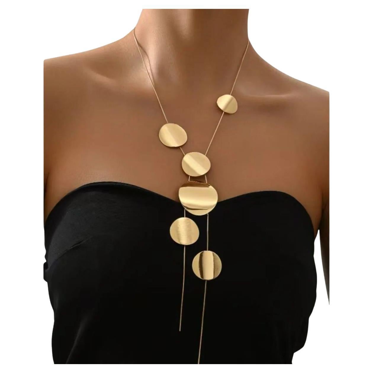 Multi Round Disc Gold Tone Copper Statement Vintage Drop Pendant Necklace For Sale