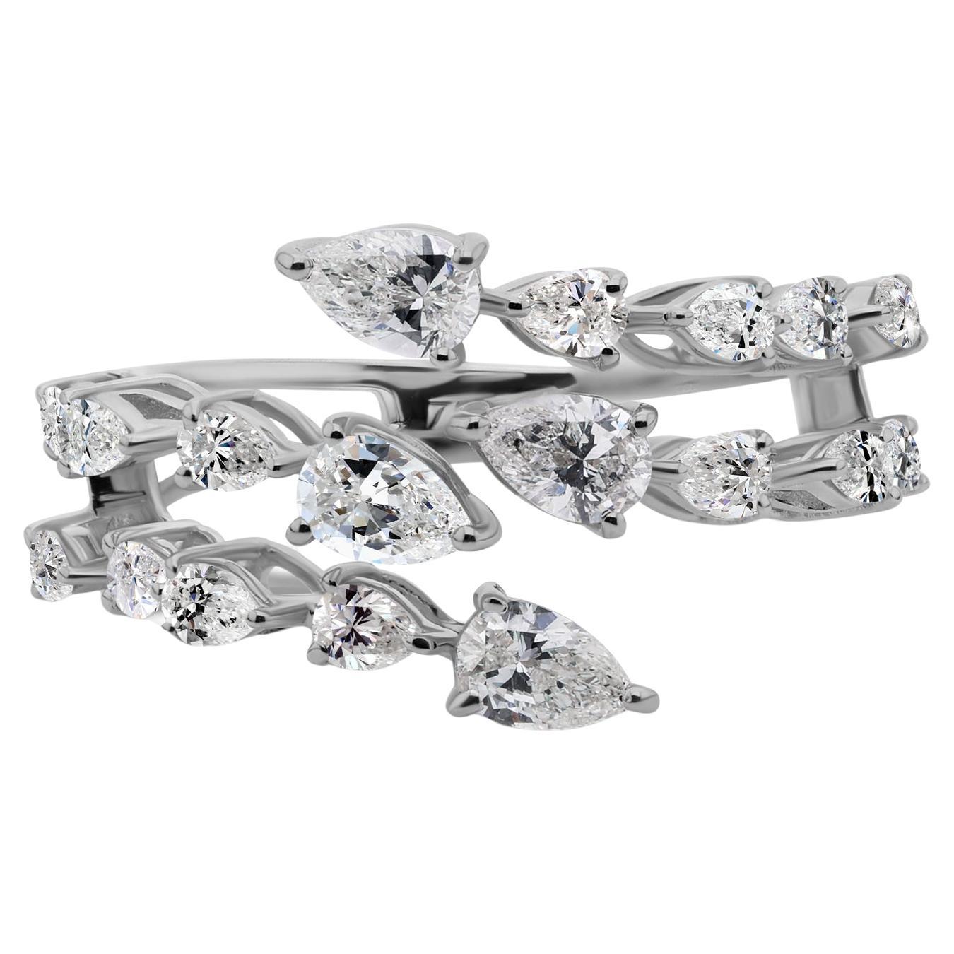 Multi Row 1.52Ct SI/H Pear Cut Diamond Cluster Engagement Ring 14K White Gold