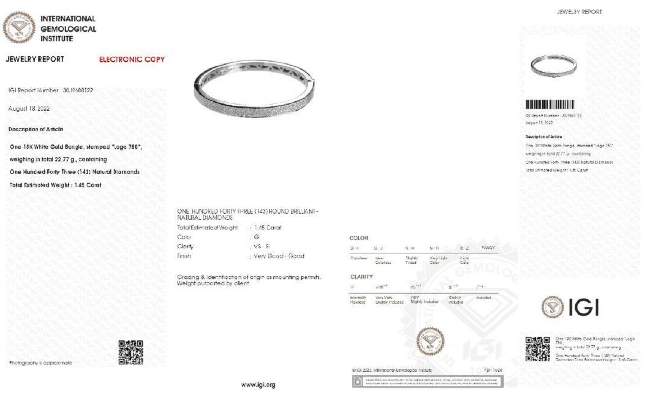 Beautiful Multi-Row Diamond in 18K White Gold Bracelet with a Total of 1.45 Carat of Round Brilliant Diamond. This ring comes with a IGI Certificate and an elegant box.

Metal: White Gold

Main Stone:
143 diamond main stones of 0.010 ct. each,