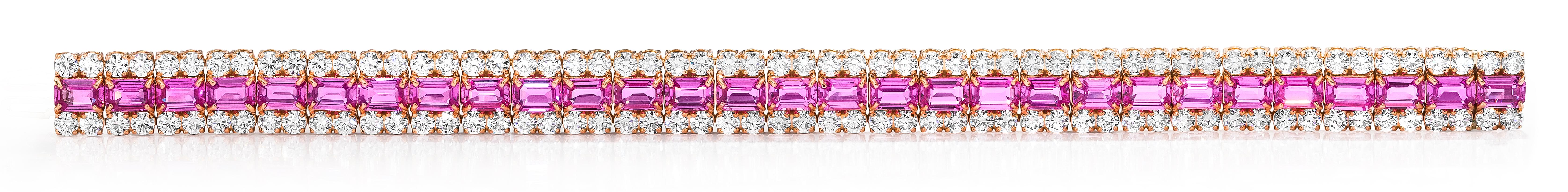 Magnificent Emerald Cut Pink Sapphire and Diamond Bracelet.

28 Emerald Cut Pink Sapphire weighing 17.27 Carats.
112 Round Diamonds weighing 7.84 Carats.
Set in 18 Karat Rose Gold.