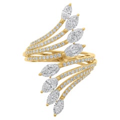 Multi Row 2.66Ct Real Diamond Cocktail Ring 14K Solid Yellow Gold