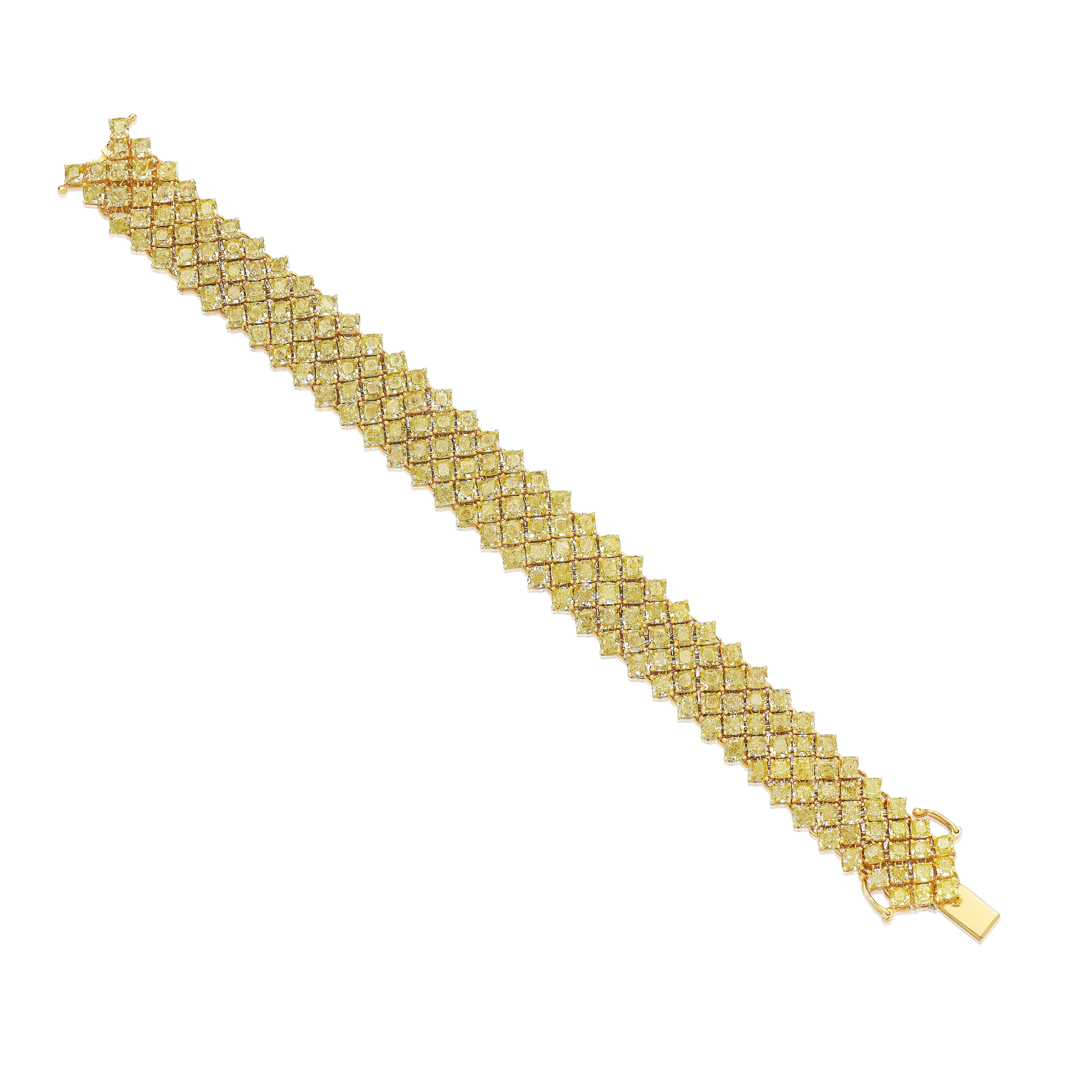 Cushion Cut Multi Row 42.50 Carat Yellow Diamond Bracelet For Sale