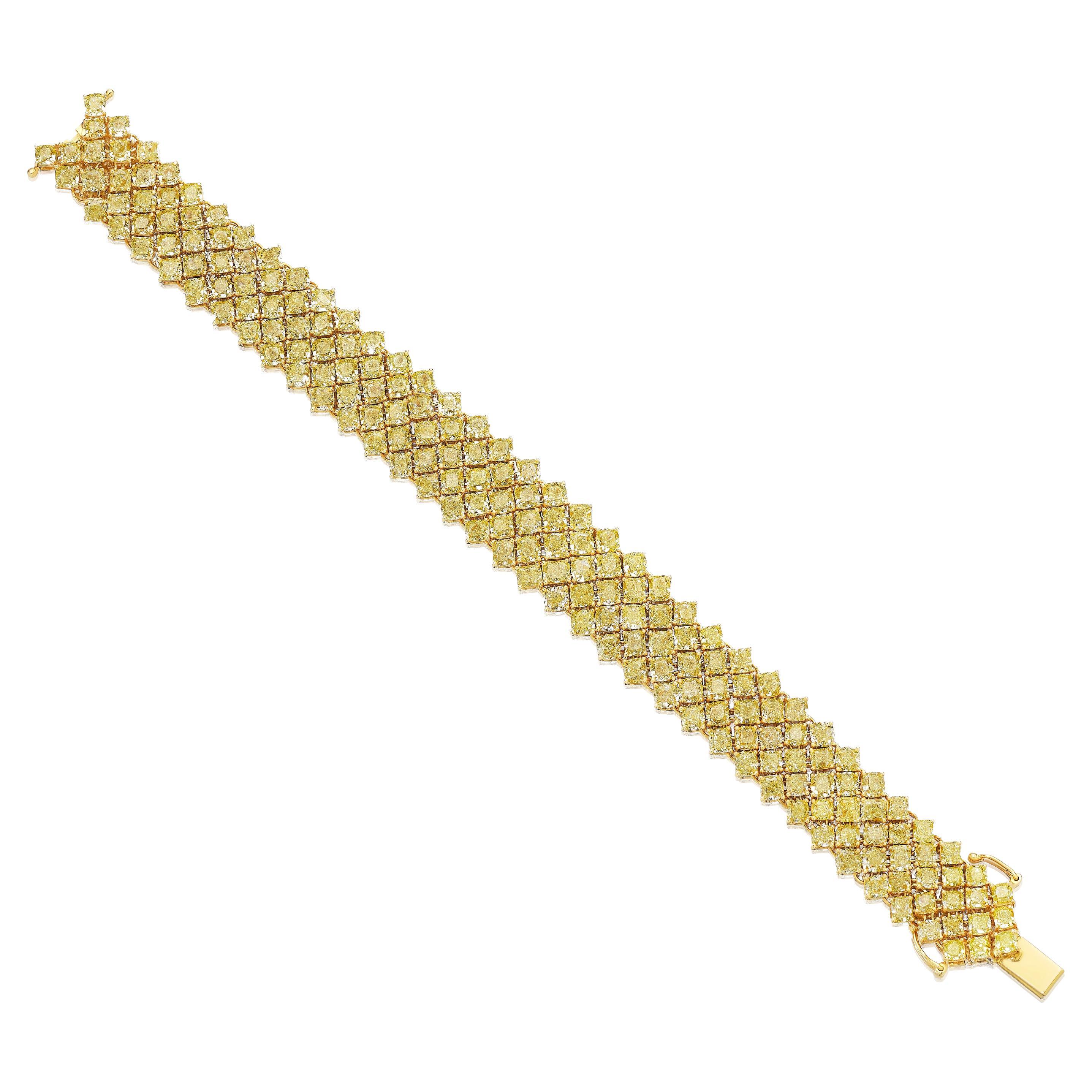 Multi Row 42.50 Carat Yellow Diamond Bracelet For Sale