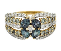 Multi Row Alexandrite and Diamond Flower Motif Band Ring in 18 Karat Yellow Gold