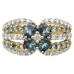 Multi Row Alexandrite and Diamond Flower Motif Band Ring in 18 Karat Yellow Gold