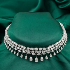Multi-Row Baguette and Marquise Diamond Fringe Choker Necklace 18K White Gold