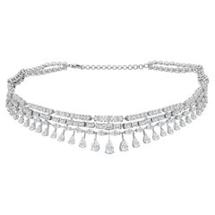 Multi-Row Baguette and Marquise Diamond Fringe Choker Necklace 18K White Gold