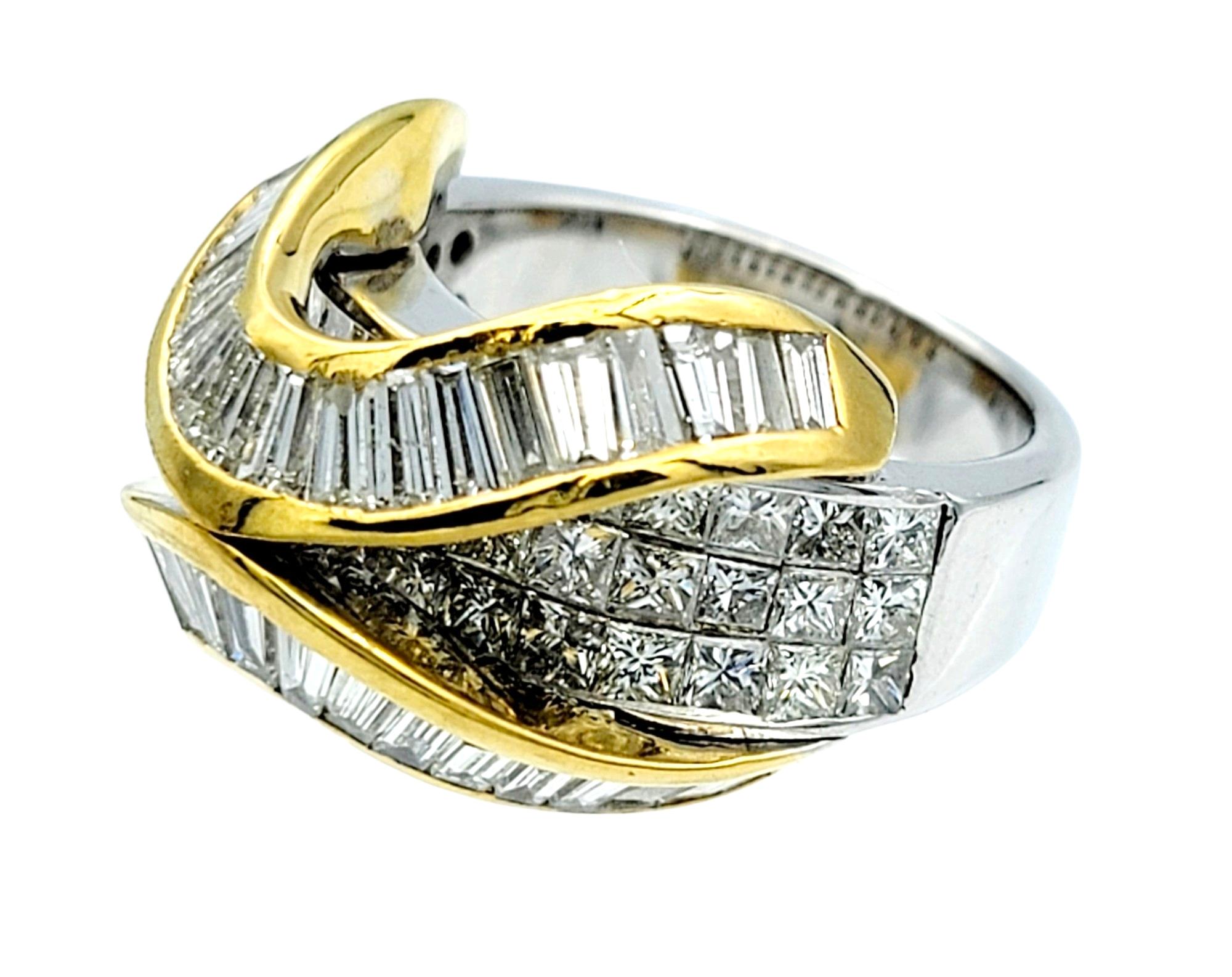 Contemporary Multi-Row Baguette and Princess Cut Diamond Curved Cocktail Ring in 18K Gold For Sale