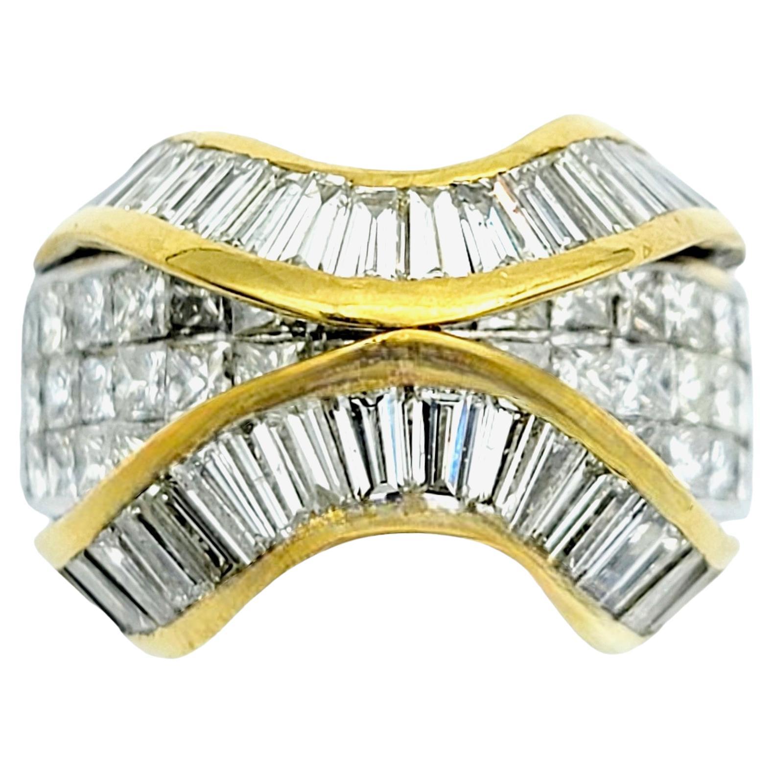 Multi-Row Baguette and Princess Cut Diamond Curved Cocktail Ring in 18K Gold For Sale