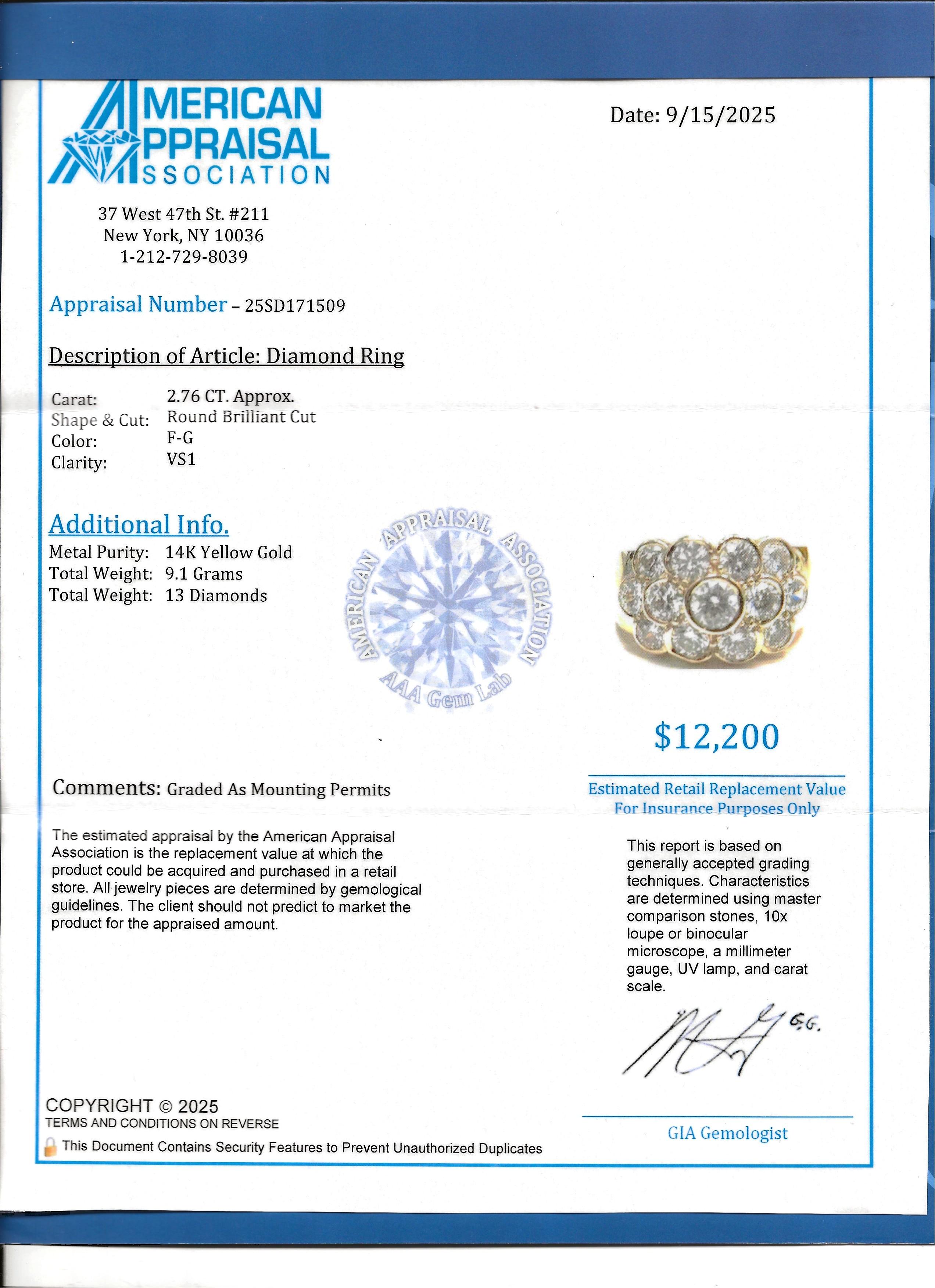 Bague en or jaune 14 carats à plusieurs rangs de diamants ronds sertis d'un chaton en vente 7