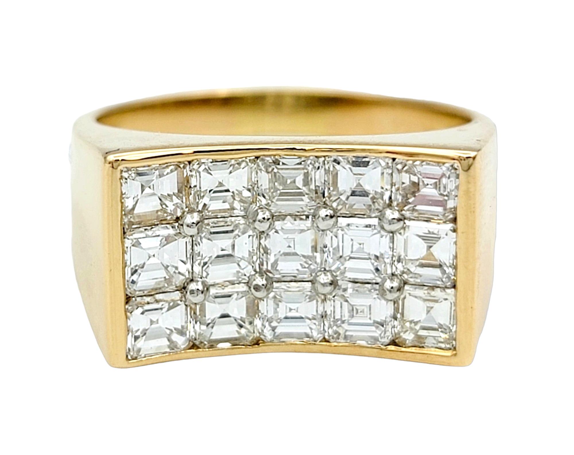 Contemporary Multi-Row Concave Wide Diamond Band Ring in 18 Karat Yellow Gold and Platinum For Sale