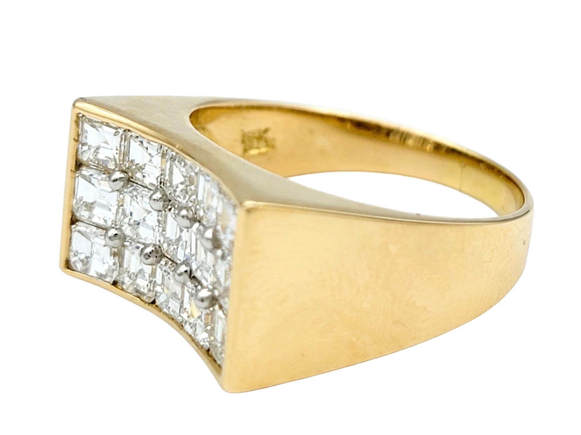 Square Cut Multi-Row Concave Wide Diamond Band Ring in 18 Karat Yellow Gold and Platinum For Sale