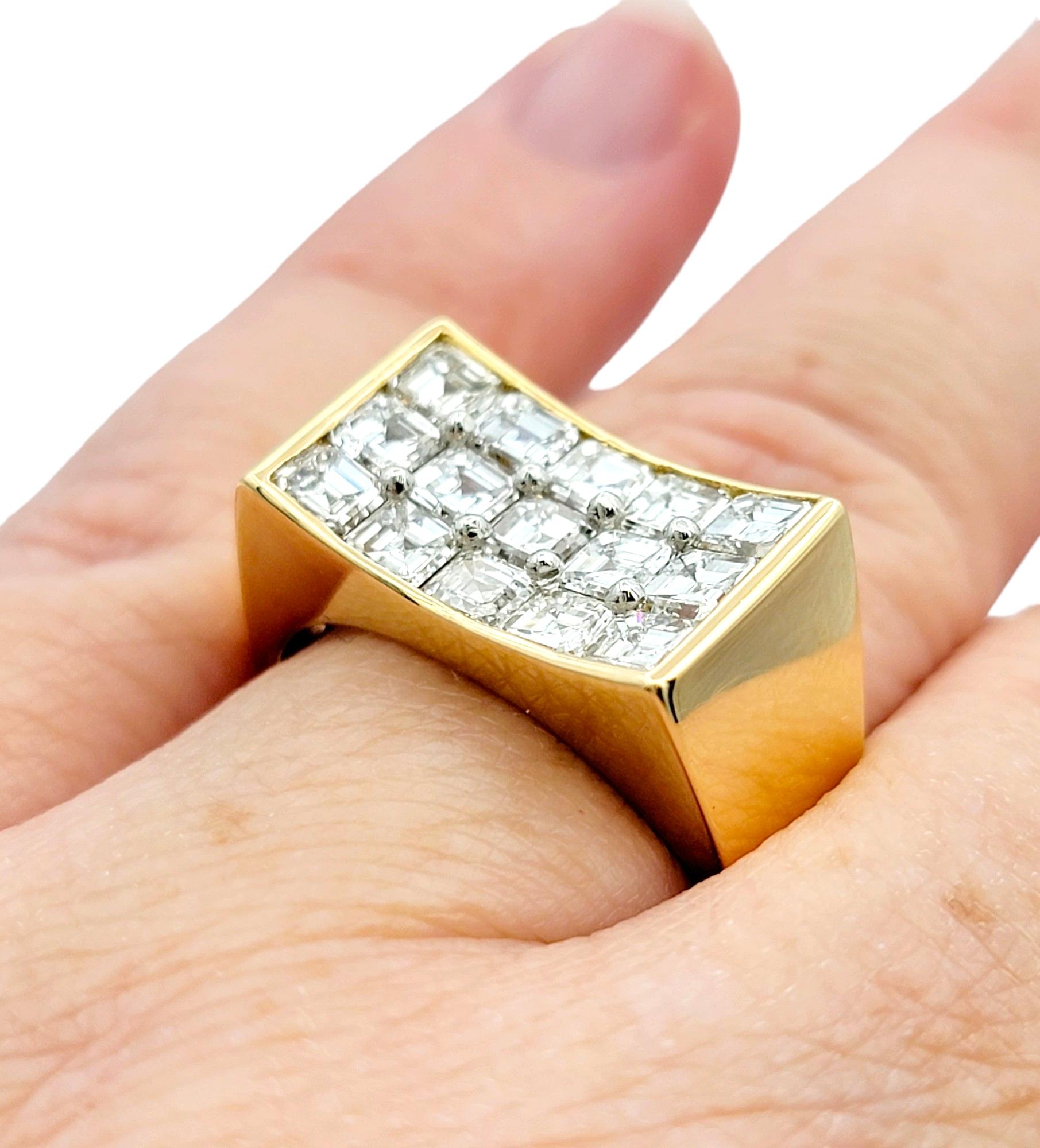 Multi-Row Concave Wide Diamond Band Ring in 18 Karat Yellow Gold and Platinum For Sale 2