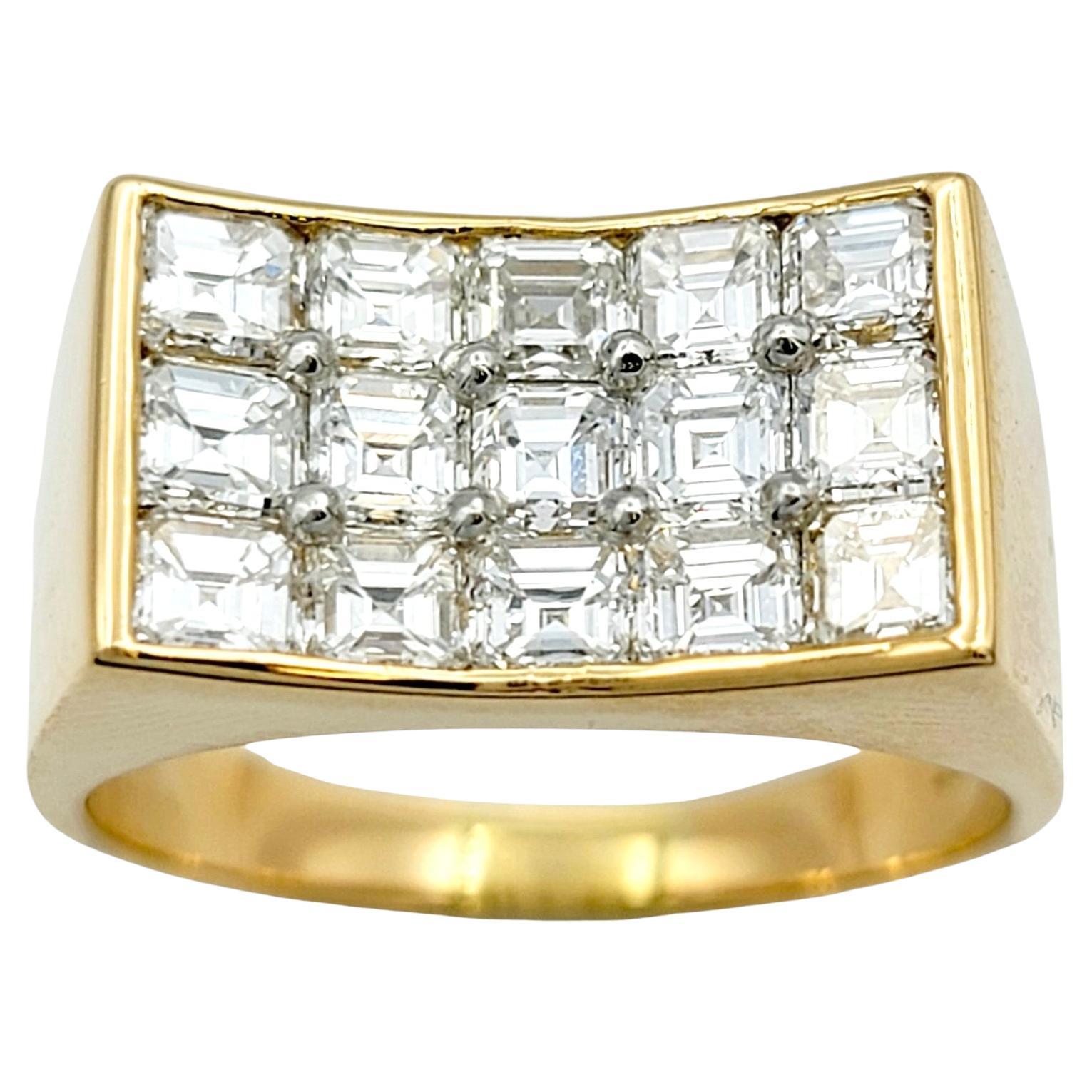 Multi-Row Concave Wide Diamond Band Ring in 18 Karat Yellow Gold and Platinum For Sale