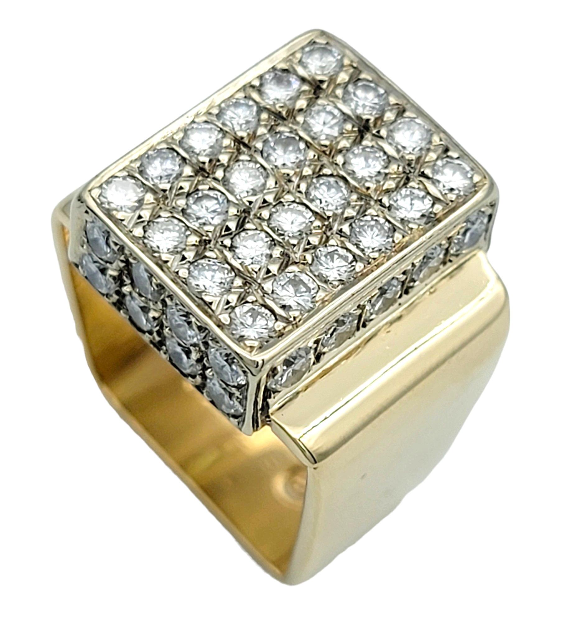 Contemporary Multi-Row Diamond Cluster Geometric Squared Band Ring in 14 Karat Yellow Gold For Sale