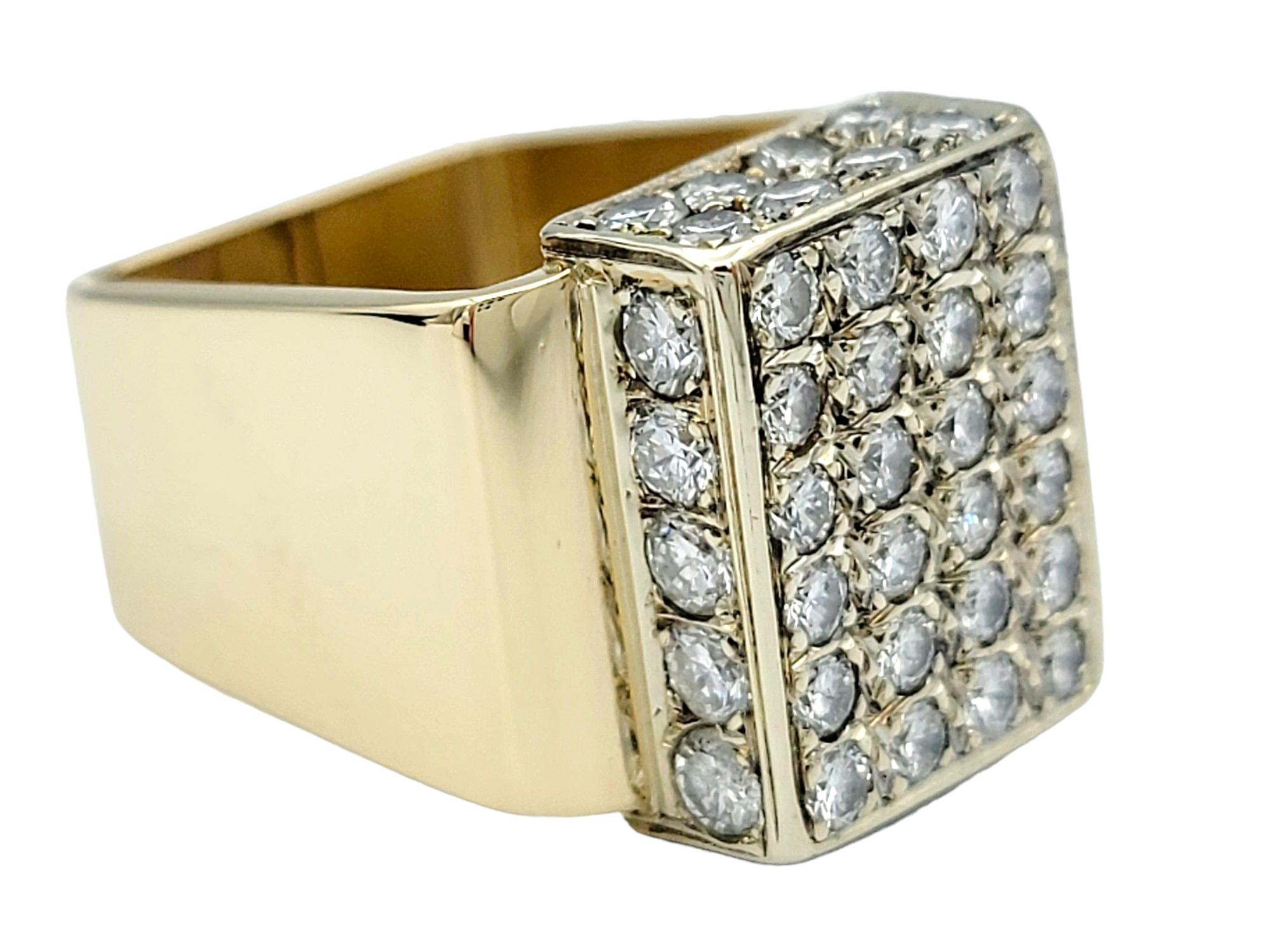 Round Cut Multi-Row Diamond Cluster Geometric Squared Band Ring in 14 Karat Yellow Gold For Sale