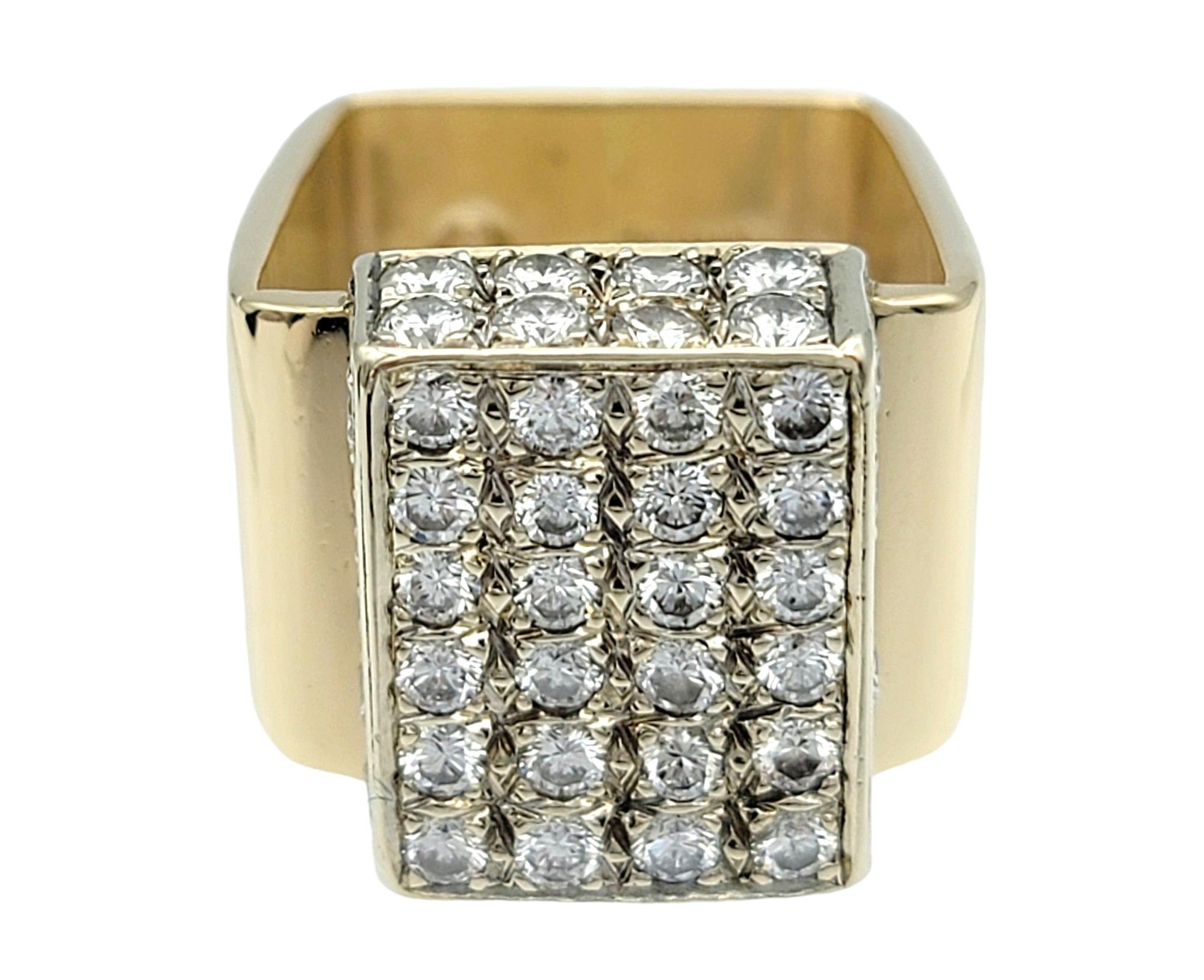 Women's or Men's Multi-Row Diamond Cluster Geometric Squared Band Ring in 14 Karat Yellow Gold For Sale