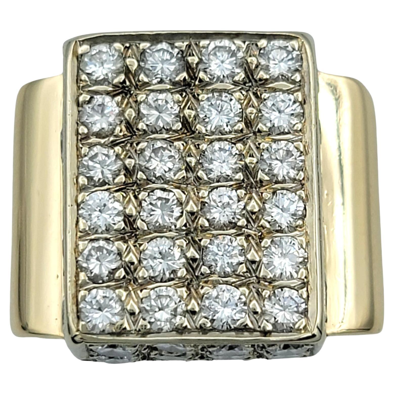 Multi-Row Diamond Cluster Geometric Squared Band Ring in 14 Karat Yellow Gold For Sale