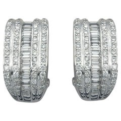 Multi Row Diamond Huggie Hoop Omega Back Earrings in 18 Karat White Gold