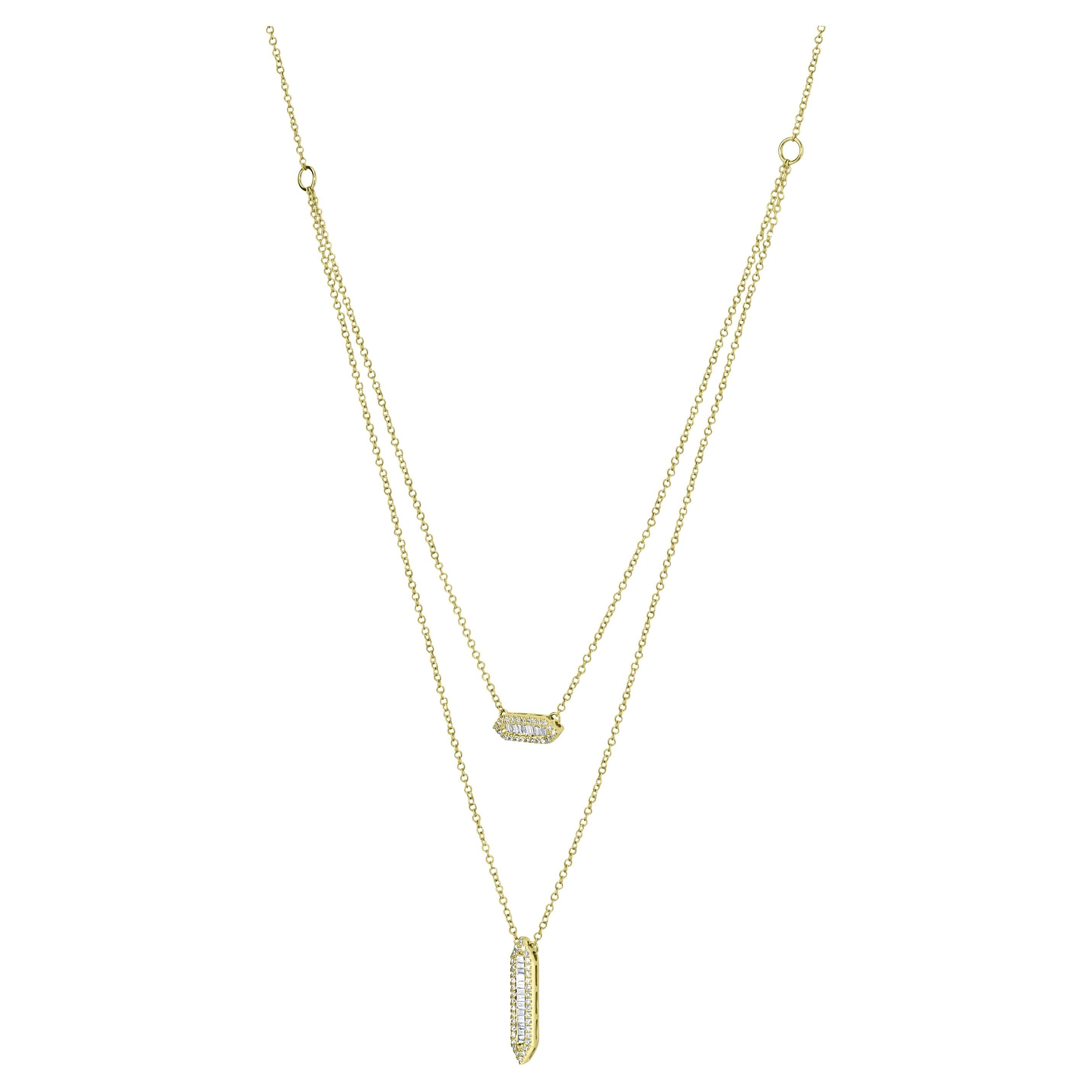 Adorn your neckline with this dreamy-looking Luxle multi-row necklace embellished with baguette diamonds flanked in round cut diamonds suspended from dual cable chains of 14K yellow gold.

Please follow the Luxury Jewels storefront to view the