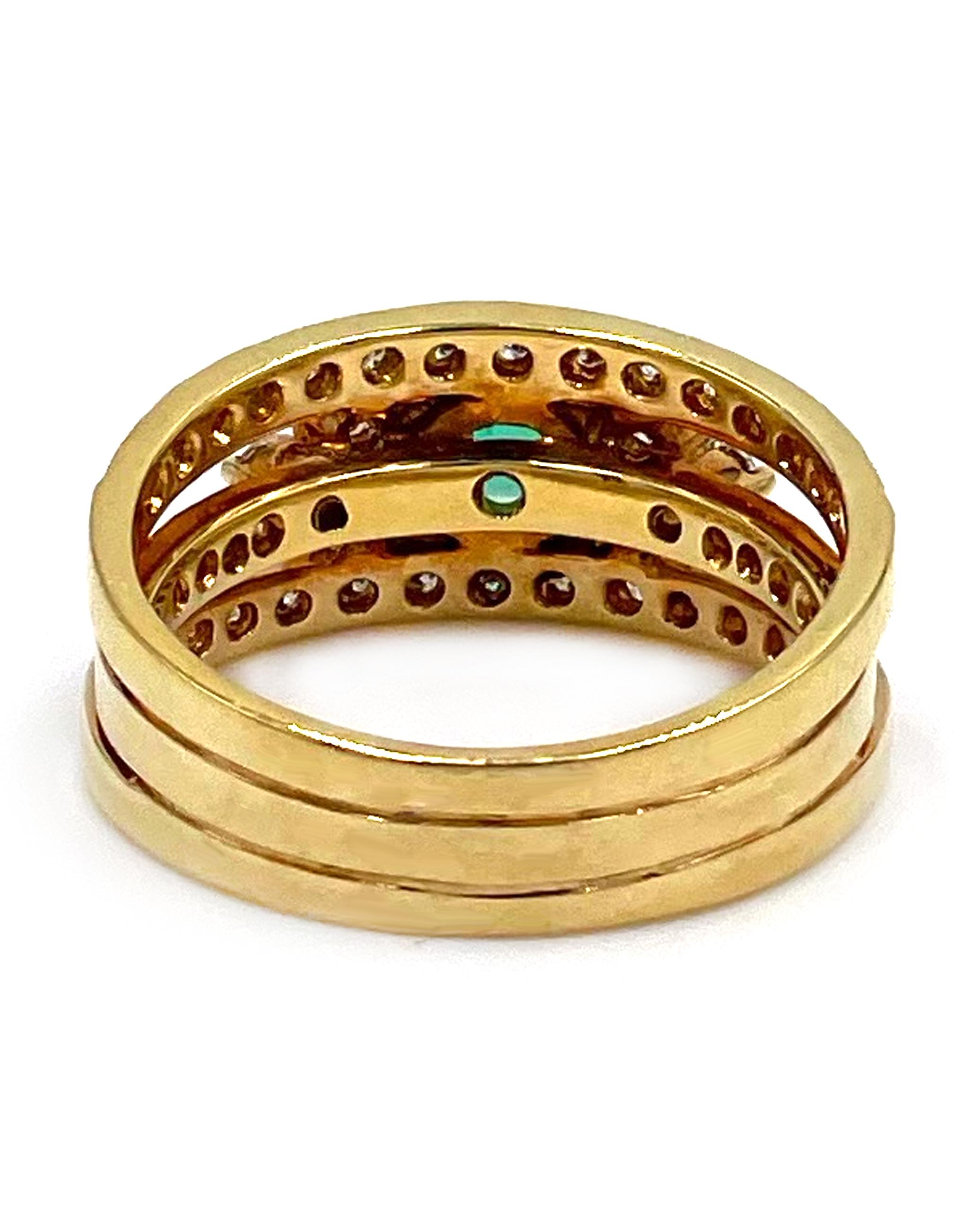Contemporary Multi Row Emerald and Diamond Ring in 18k Yellow Gold For Sale