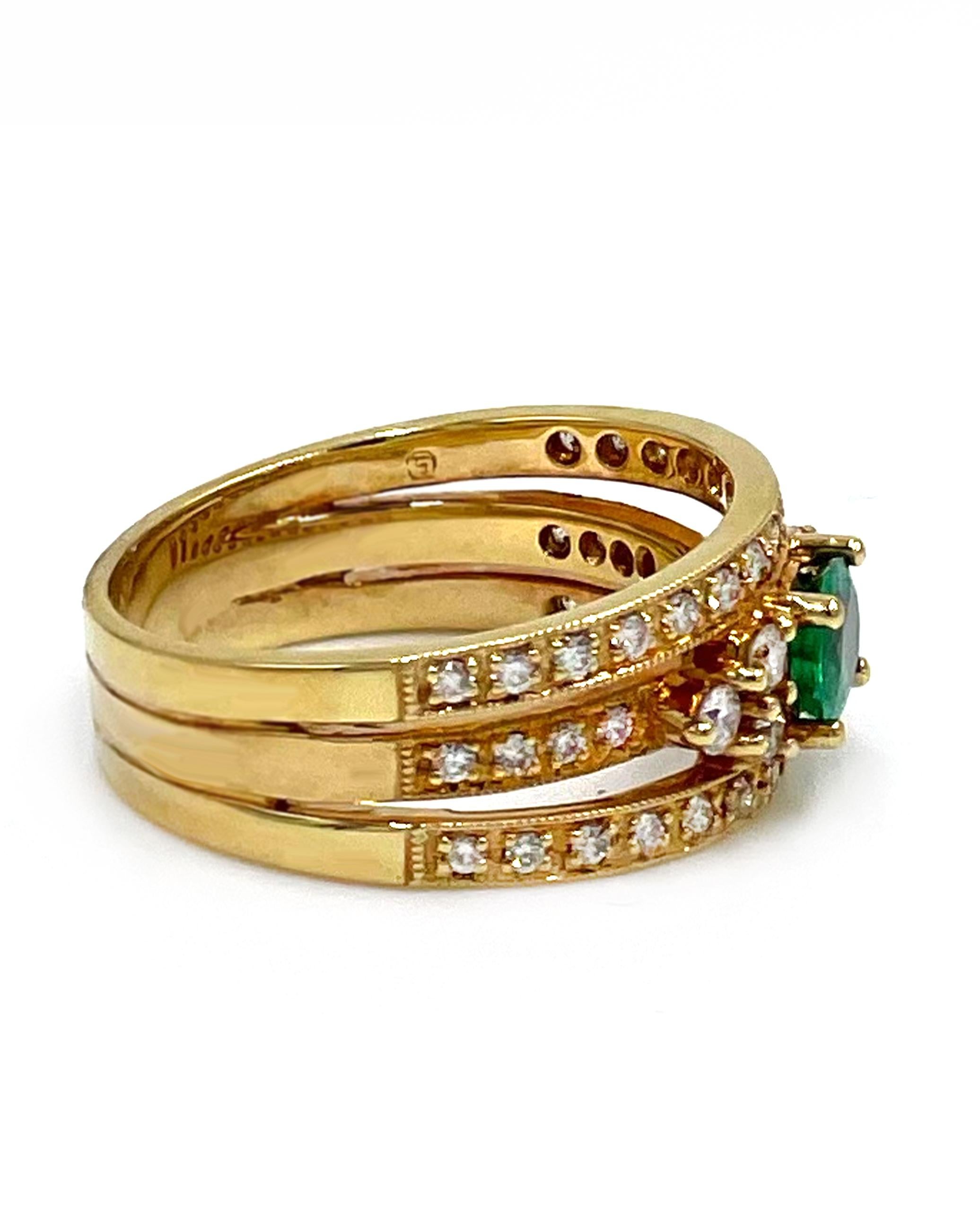 Oval Cut Multi Row Emerald and Diamond Ring in 18k Yellow Gold For Sale