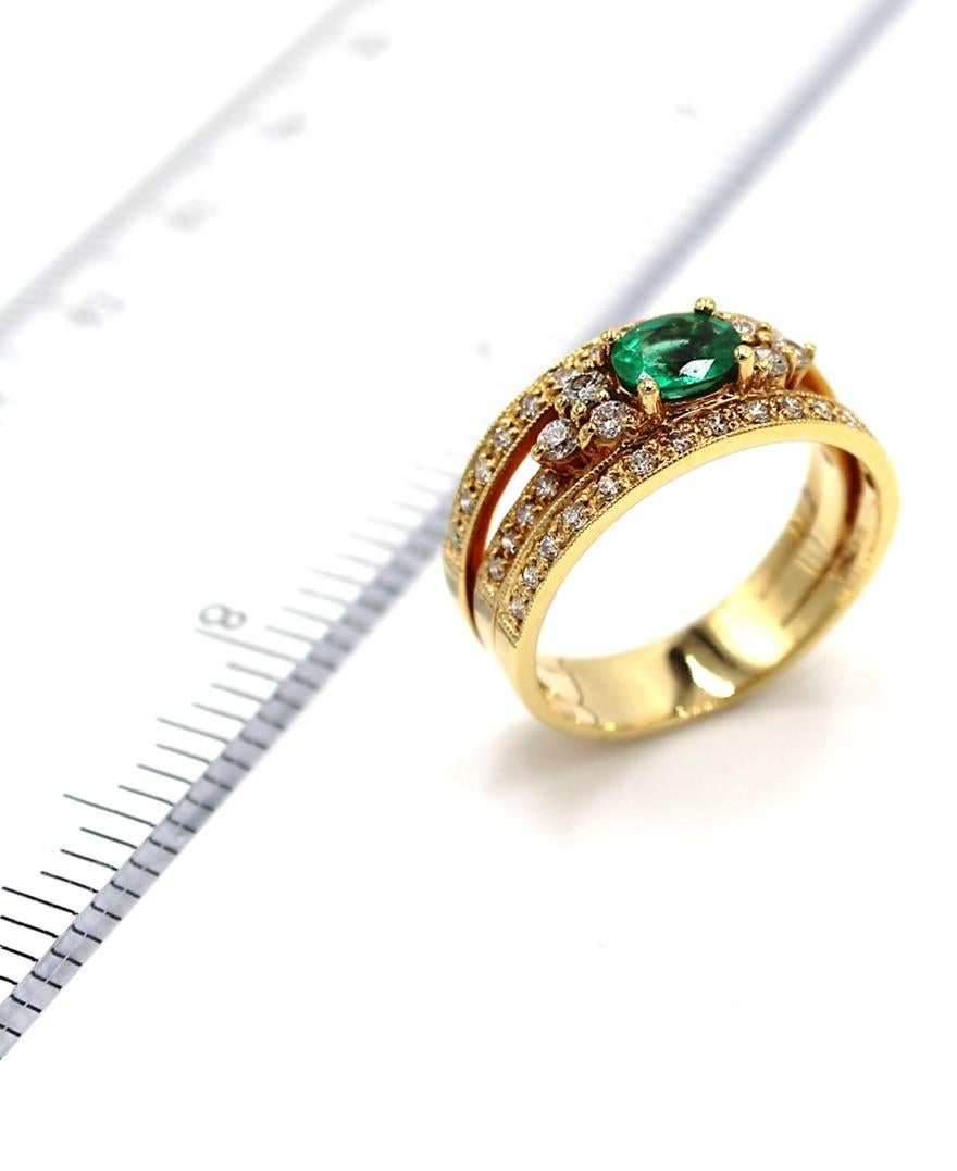 Multi Row Emerald and Diamond Ring in 18k Yellow Gold For Sale 1