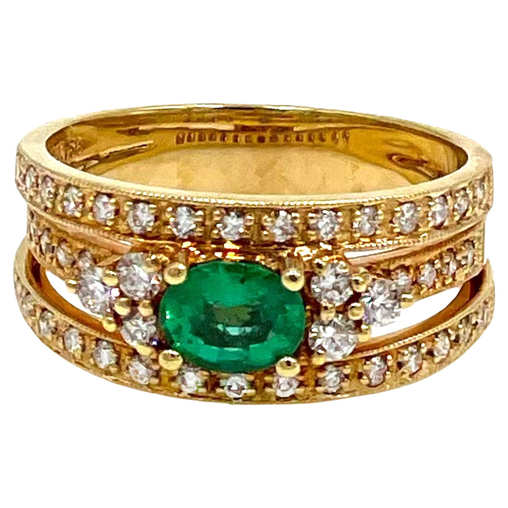 Multi Row Emerald and Diamond Ring in 18k Yellow Gold For Sale