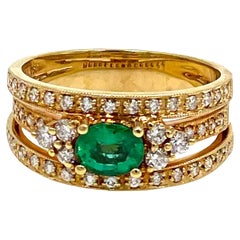 Multi Row Emerald and Diamond Ring in 18k Yellow Gold