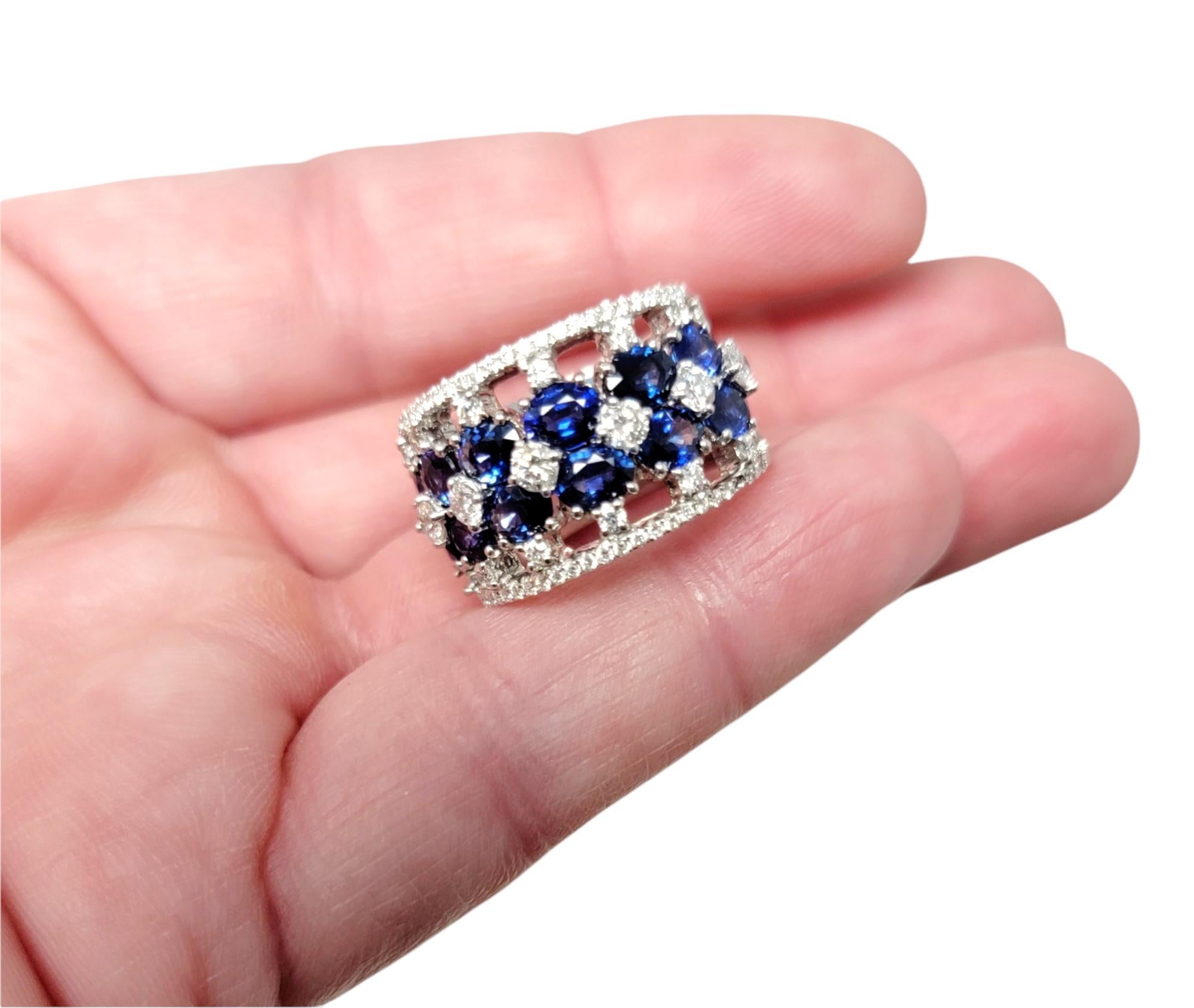 Multi Row Natural Blue Sapphire and Diamond Band Ring in 14 Karat White Gold For Sale 3