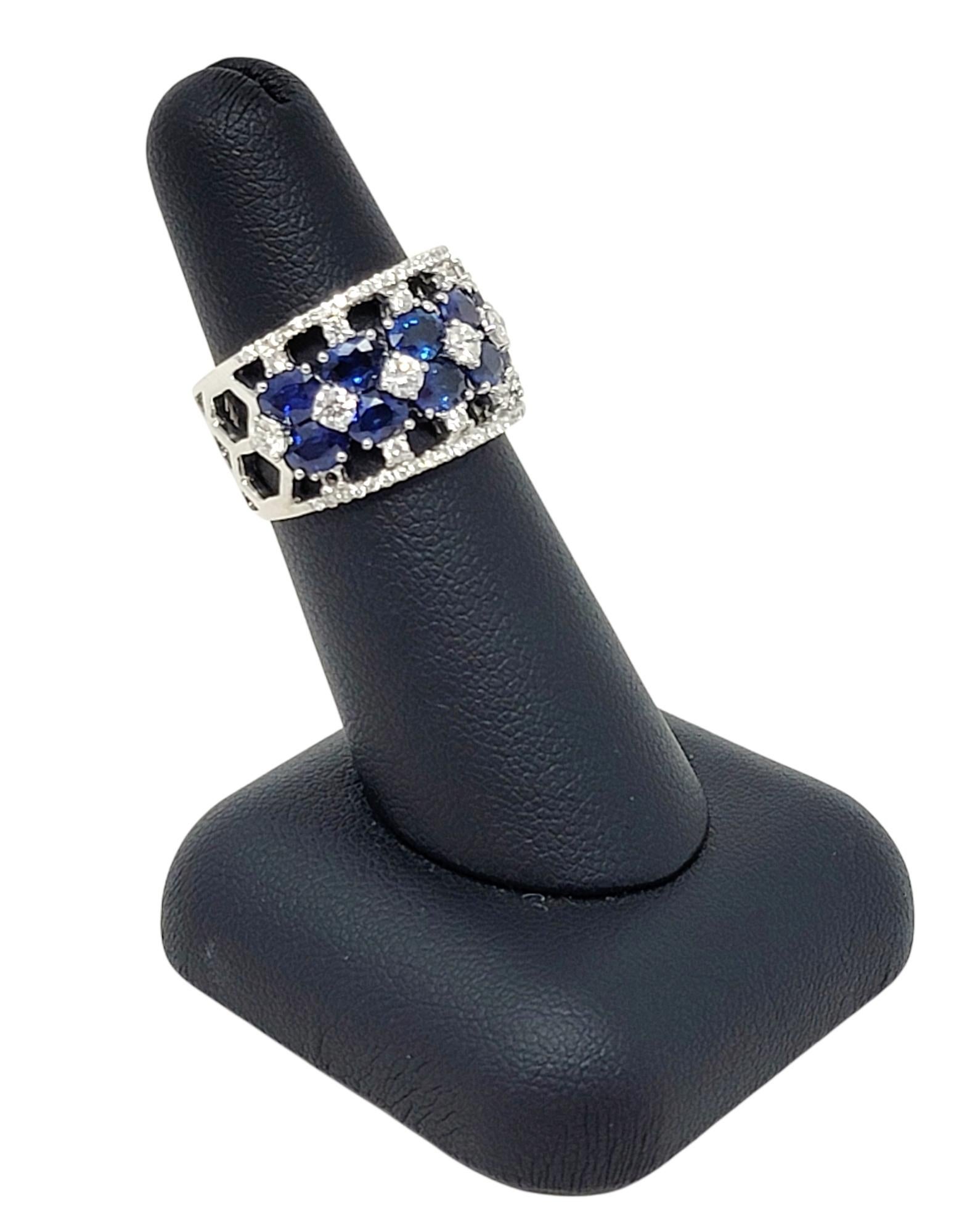 Mehrreihiger Ring mit natürlichem blauem Saphir und Diamant aus 14 Karat Weißgold im Angebot 7