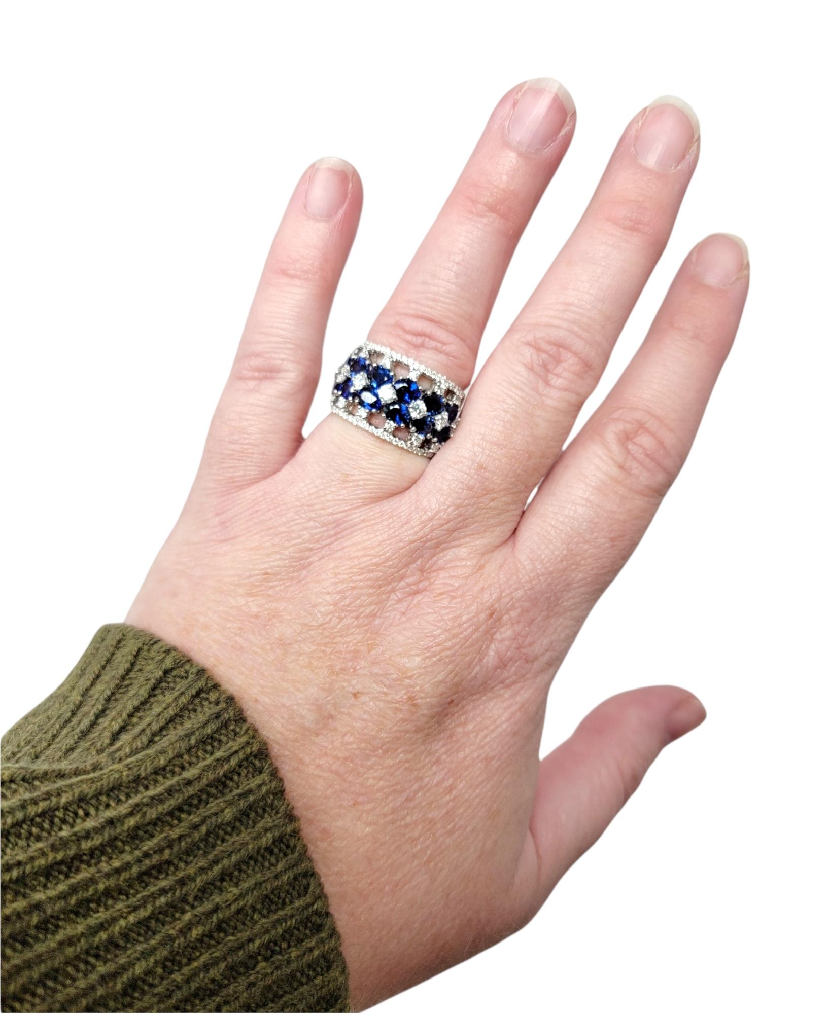 Multi Row Natural Blue Sapphire and Diamond Band Ring in 14 Karat White Gold For Sale 6