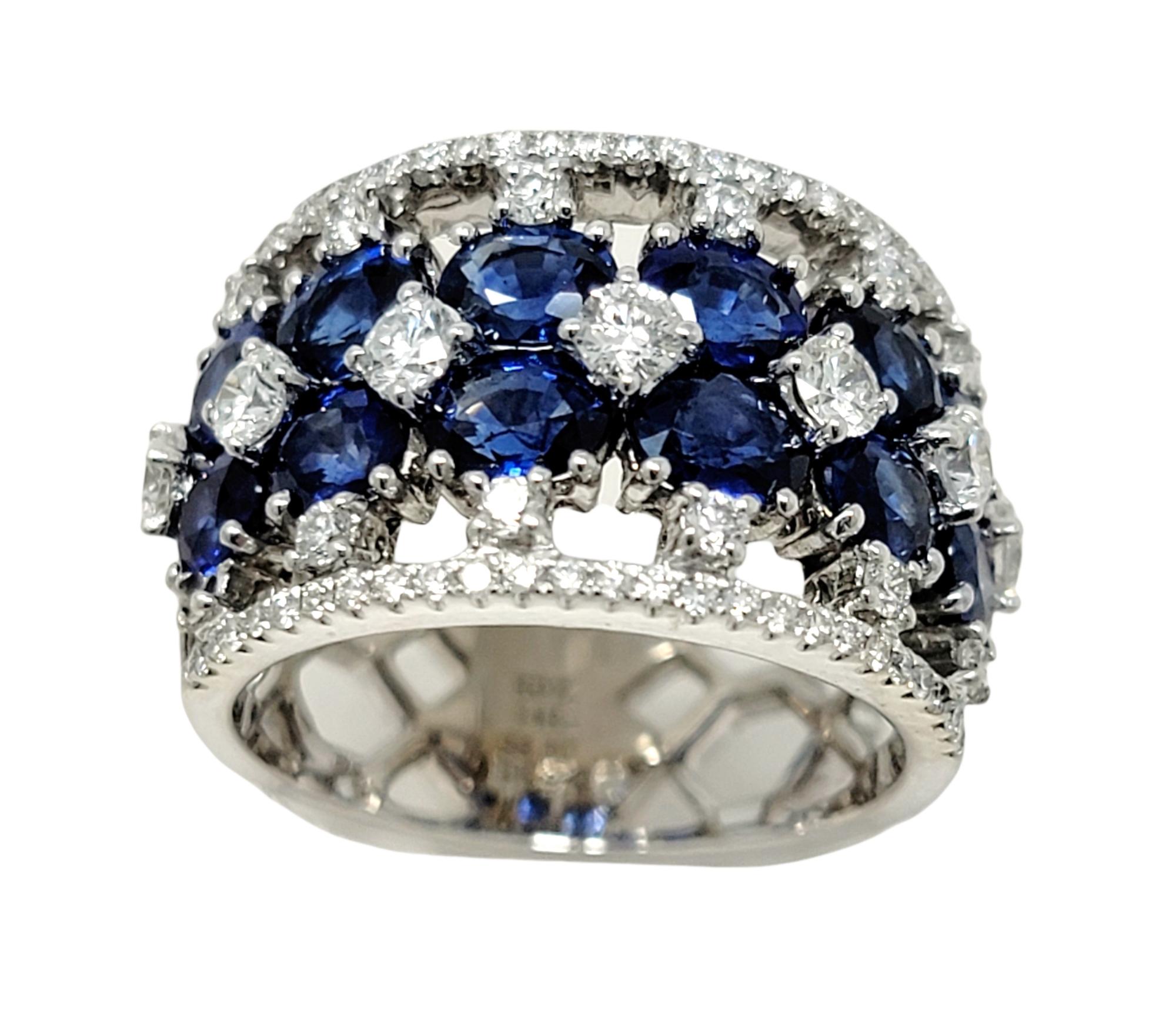 Contemporary Multi Row Natural Blue Sapphire and Diamond Band Ring in 14 Karat White Gold For Sale