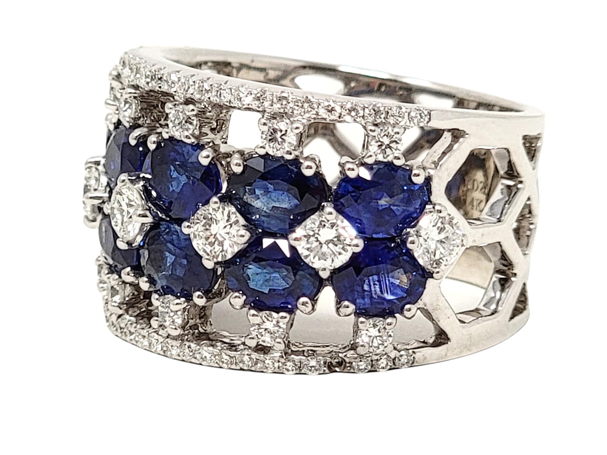 Oval Cut Multi Row Natural Blue Sapphire and Diamond Band Ring in 14 Karat White Gold For Sale