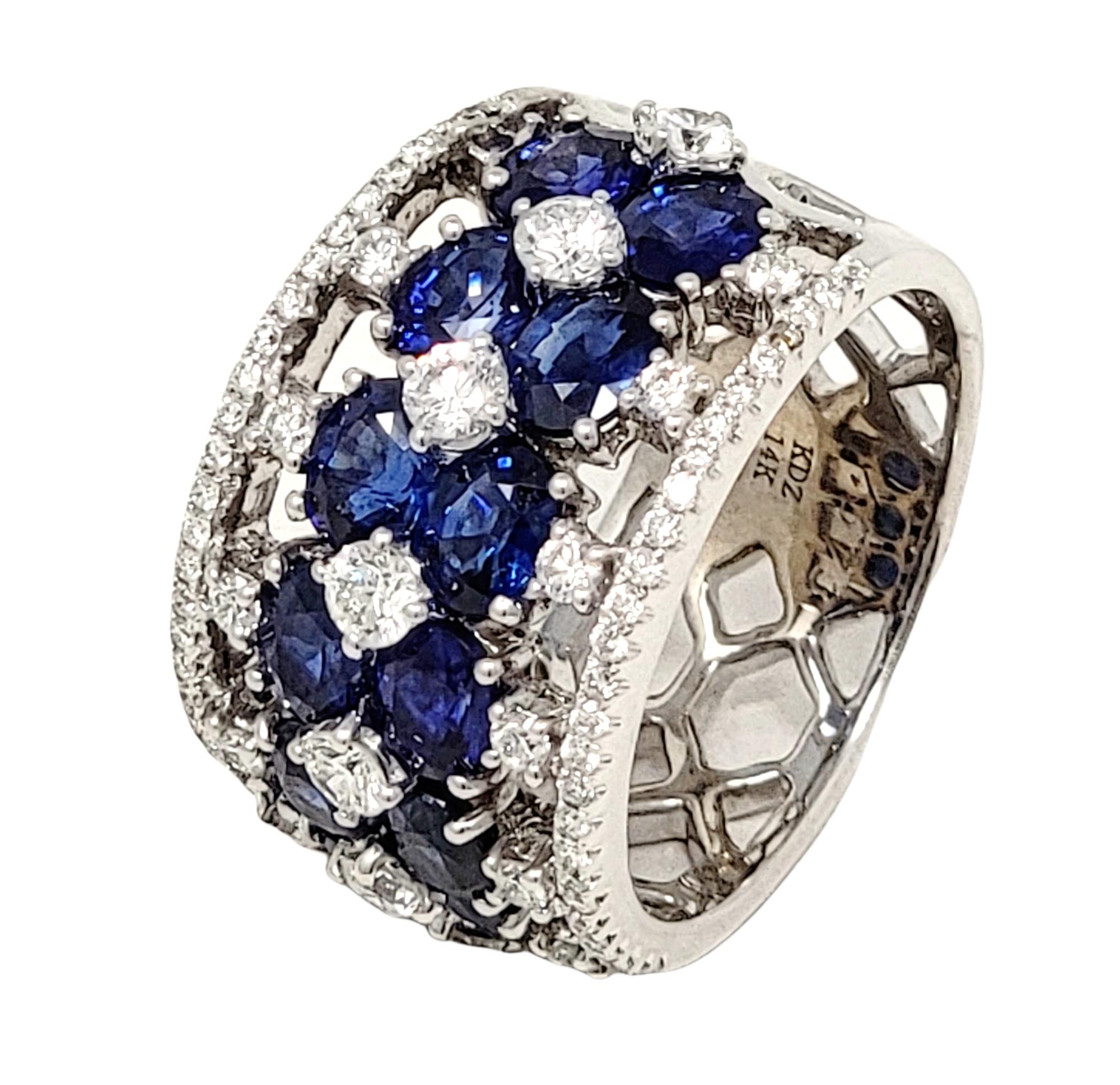 Multi Row Natural Blue Sapphire and Diamond Band Ring in 14 Karat White Gold In Excellent Condition For Sale In Scottsdale, AZ