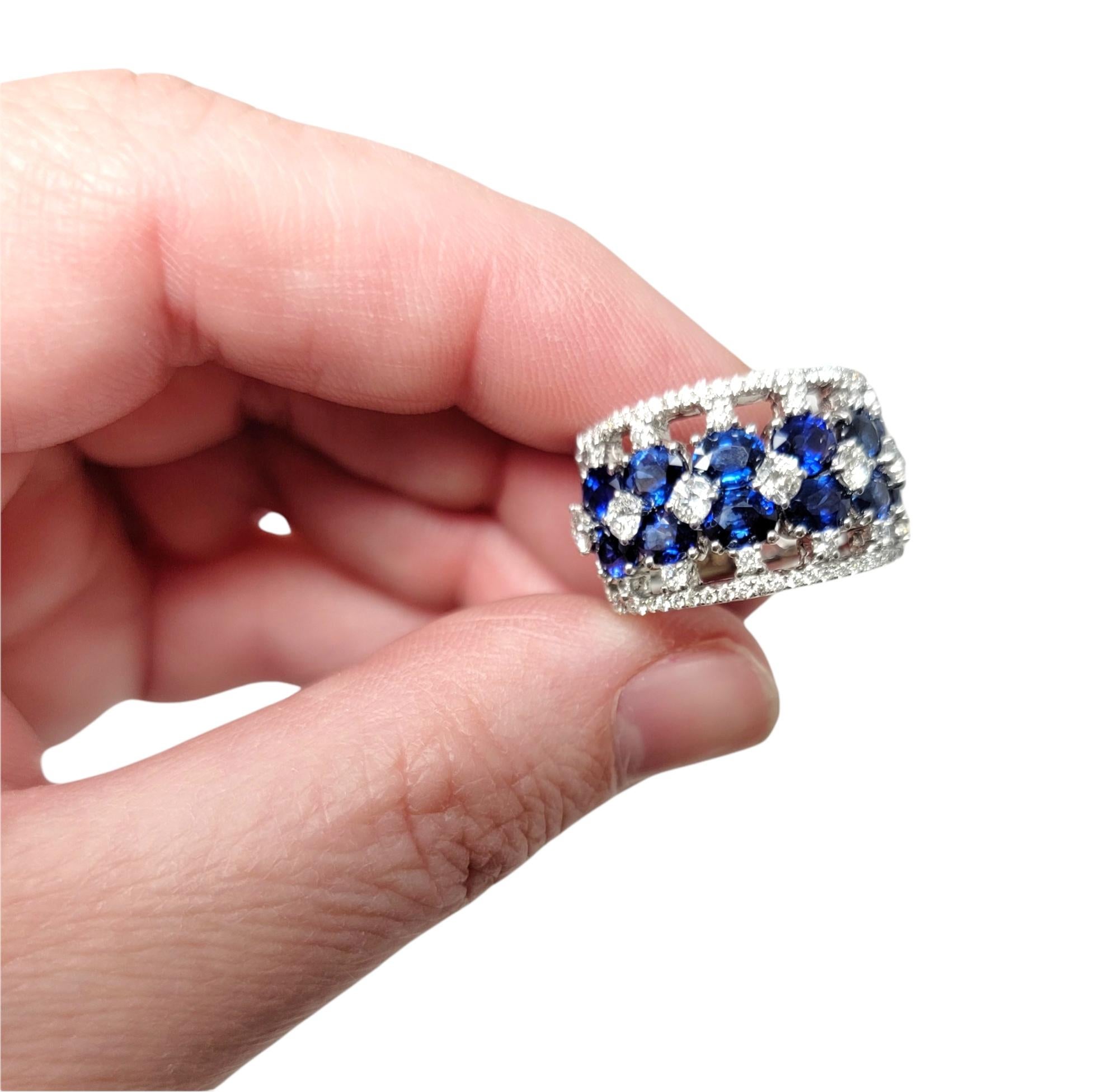 Multi Row Natural Blue Sapphire and Diamond Band Ring in 14 Karat White Gold For Sale 2