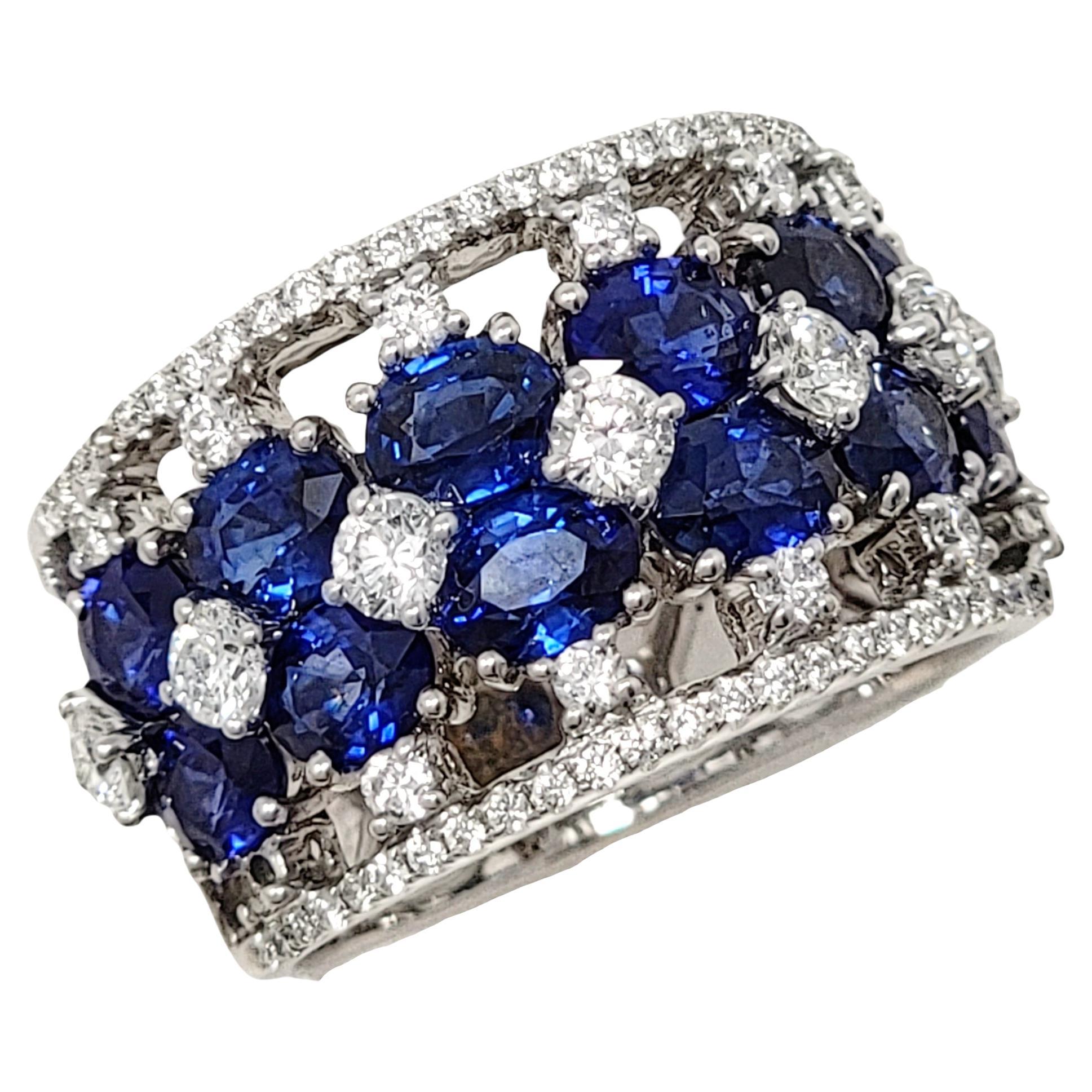 Multi Row Natural Blue Sapphire and Diamond Band Ring in 14 Karat White Gold For Sale