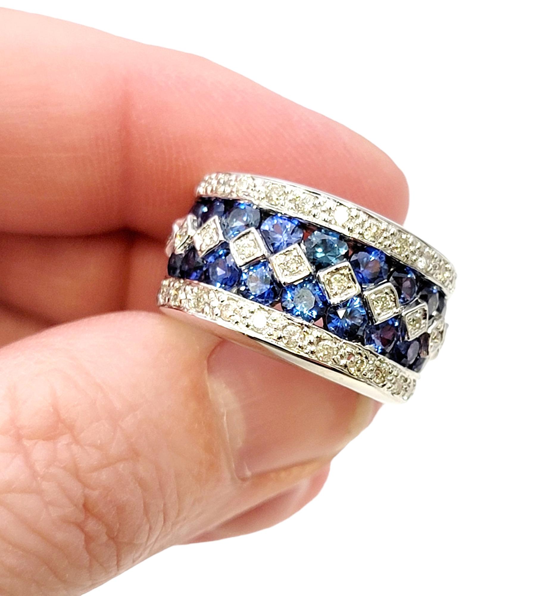 Multi Row Natural Blue Sapphire and Diamond Wide 14 Karat White Gold Band Ring For Sale 5