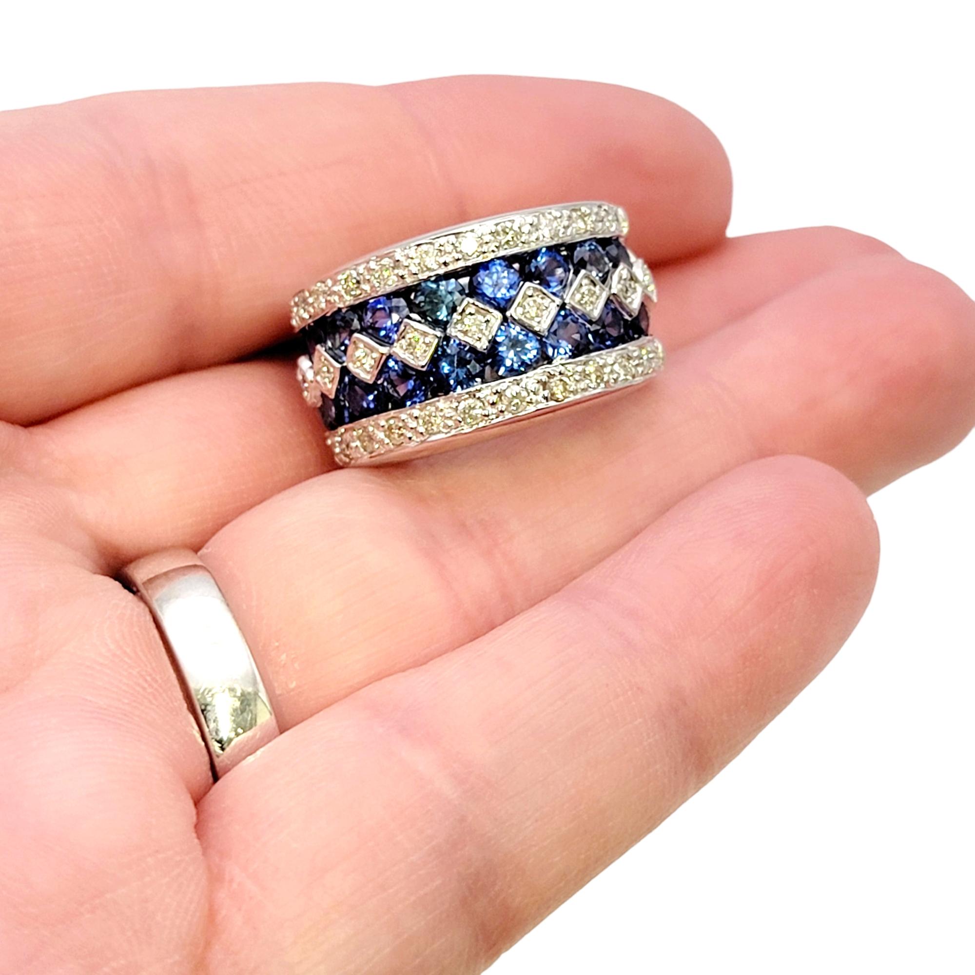 Multi Row Natural Blue Sapphire and Diamond Wide 14 Karat White Gold Band Ring For Sale 6