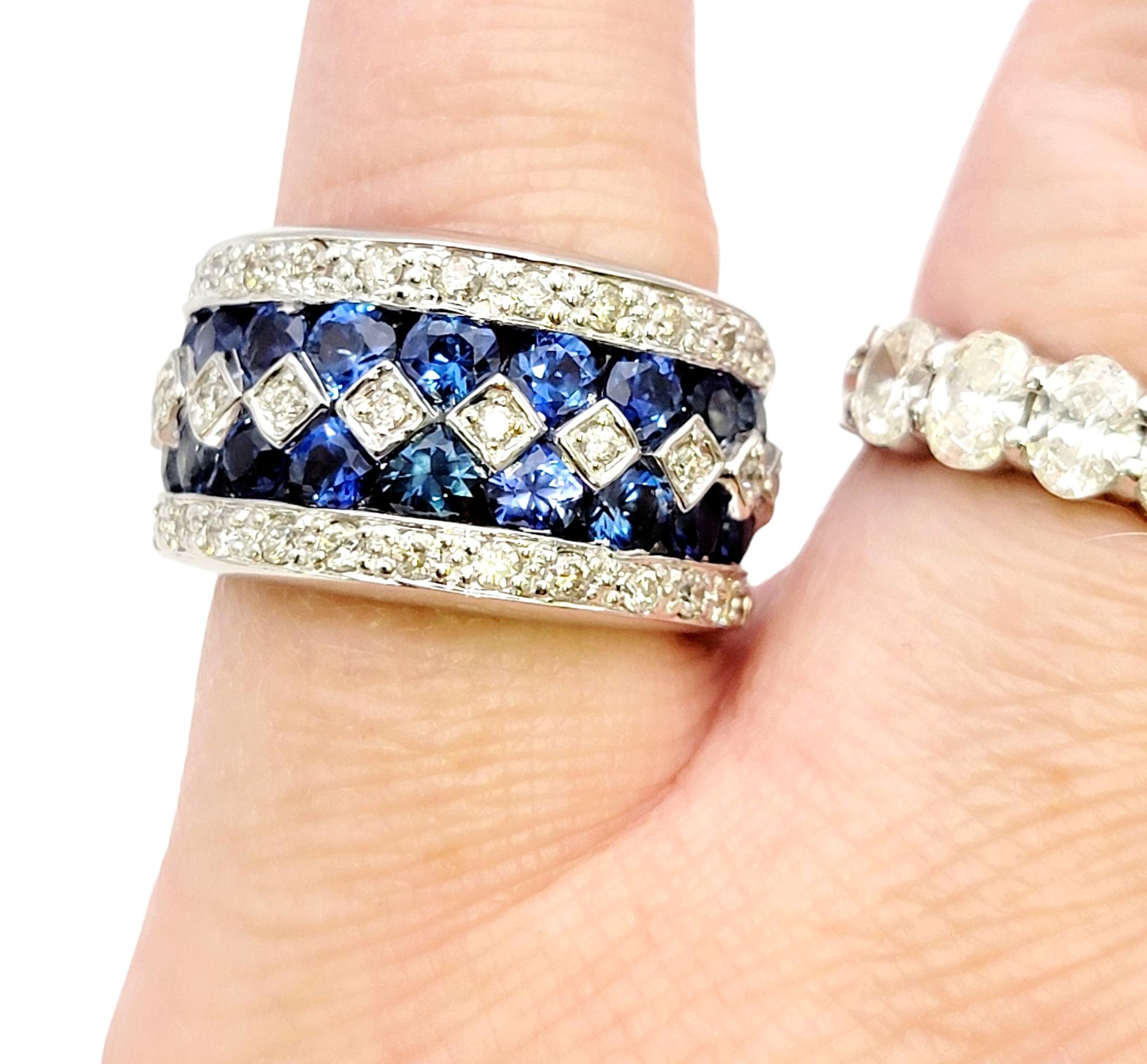Multi Row Natural Blue Sapphire and Diamond Wide 14 Karat White Gold Band Ring For Sale 8