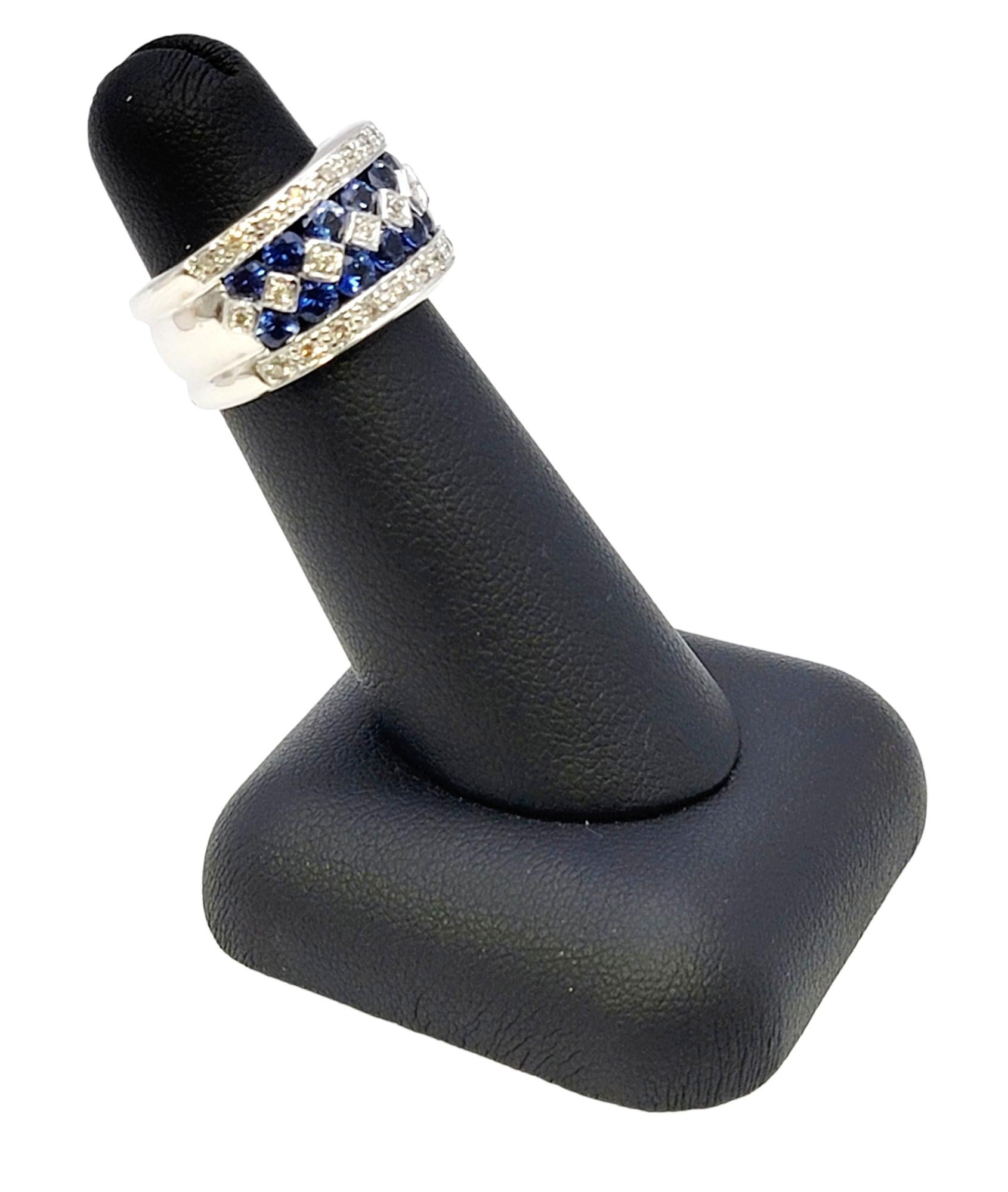 Multi Row Natural Blue Sapphire and Diamond Wide 14 Karat White Gold Band Ring For Sale 10