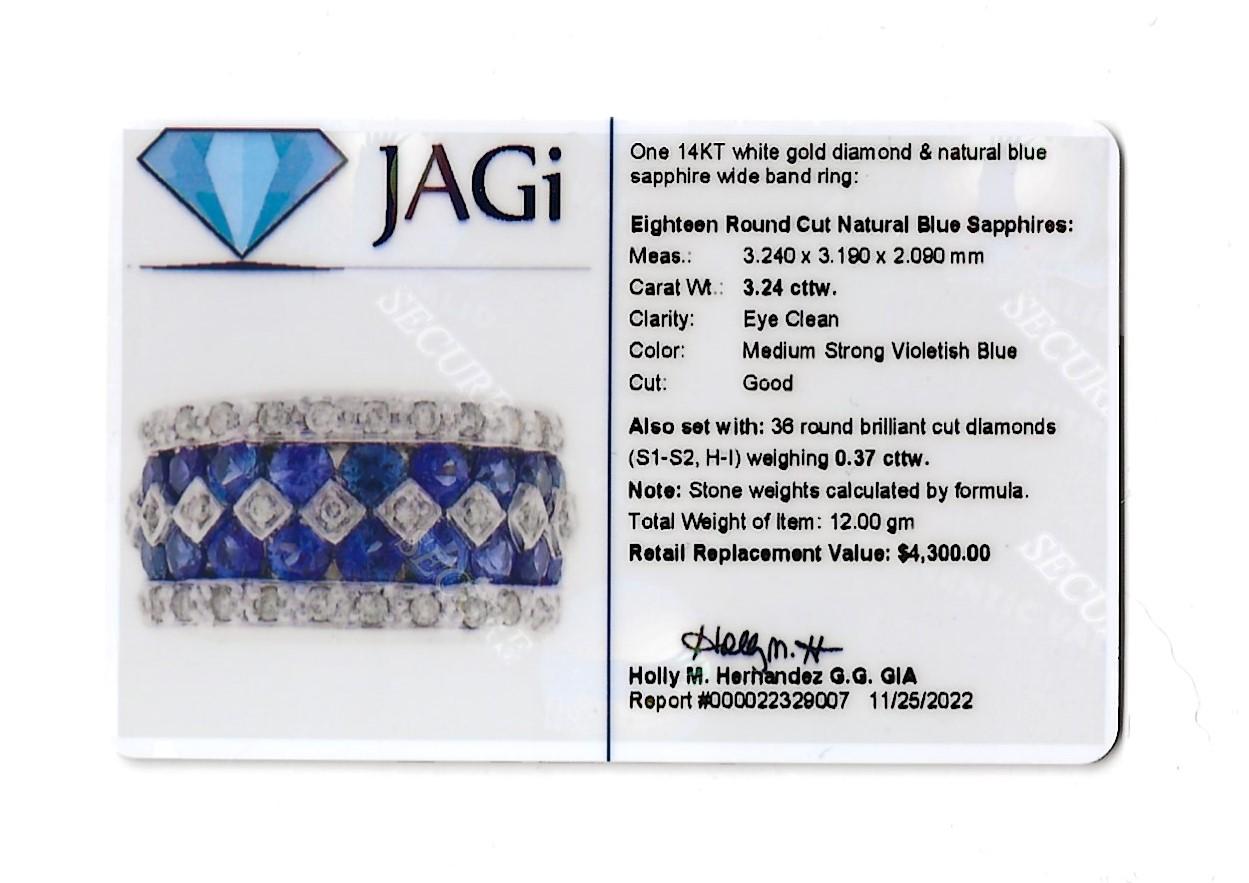 Multi Row Natural Blue Sapphire and Diamond Wide 14 Karat White Gold Band Ring For Sale 12