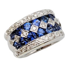 Multi Row Natural Blue Sapphire and Diamond Wide 14 Karat White Gold Band Ring