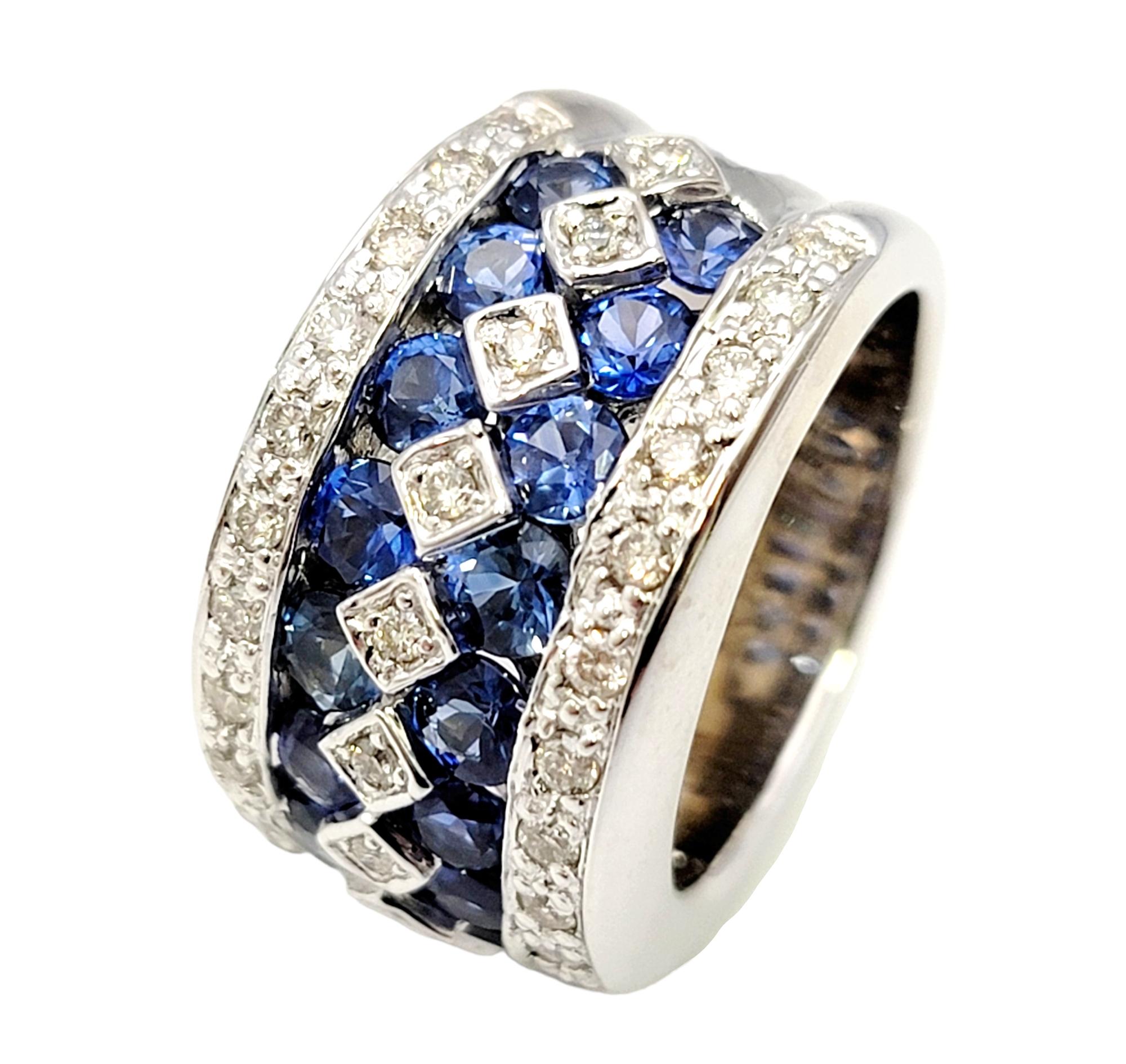 Contemporary Multi Row Natural Blue Sapphire and Diamond Wide 14 Karat White Gold Band Ring For Sale