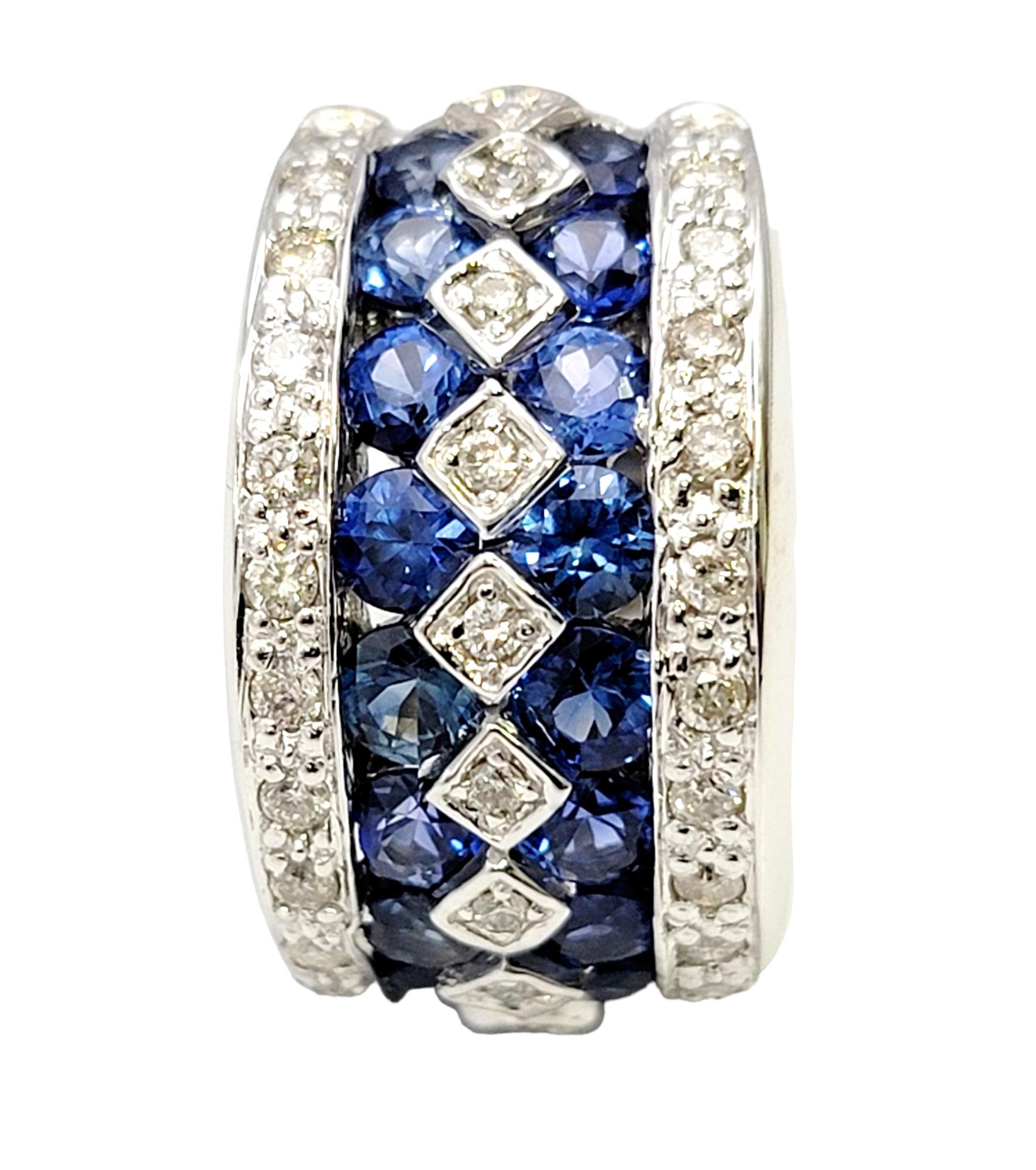 Round Cut Multi Row Natural Blue Sapphire and Diamond Wide 14 Karat White Gold Band Ring For Sale